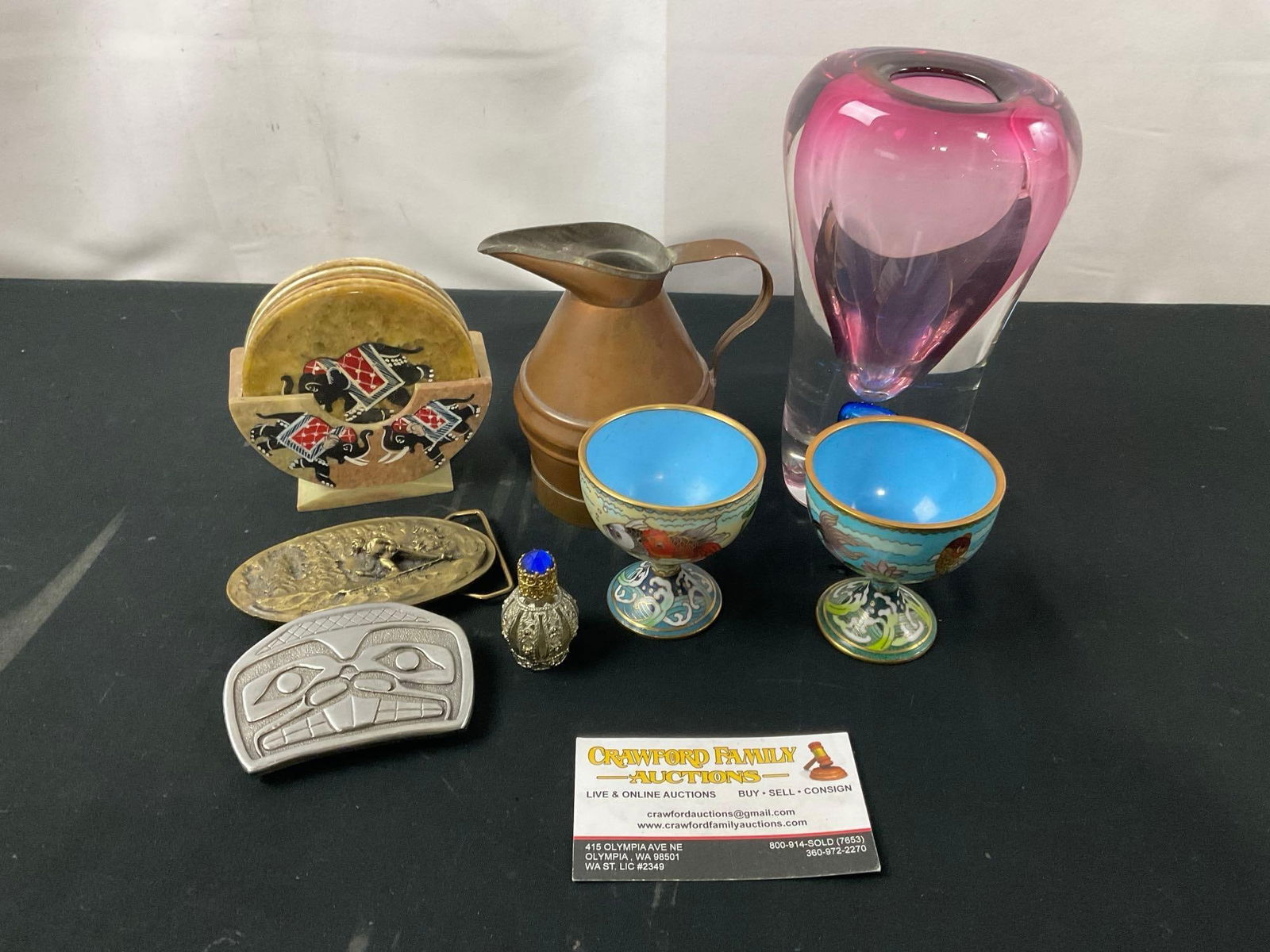 Stone Coaster Set of 6, 2x Cloisonne Egg Cups, 2x Belt Buckles, Irice Bottle, Glass Vase, Copper ...: Appears to be in good shape. The solid glass piece measures approx 6-7 inches tall. See pics. E-3170