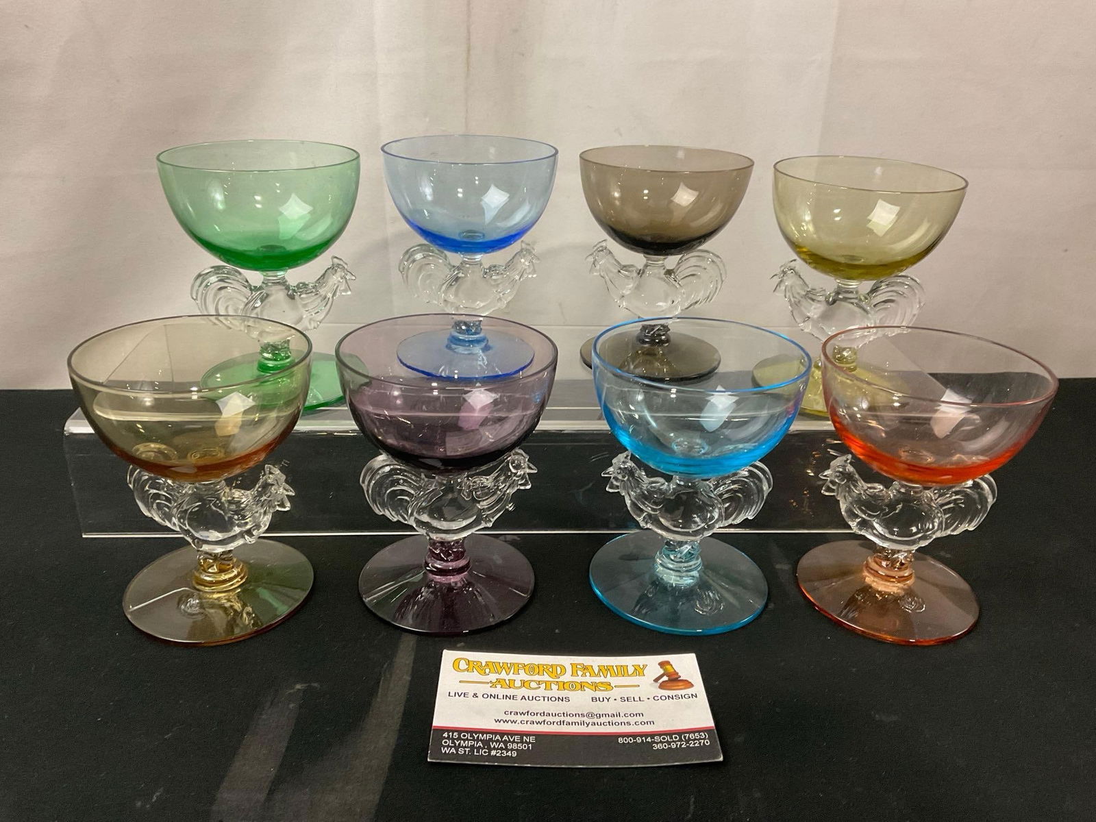 Set of 8 Morgantown Rooster, Multiple Colors, Rooster Stem Art: Appears to be in good shape. The cups measures approx 4 inches tall. See pics. E-3070