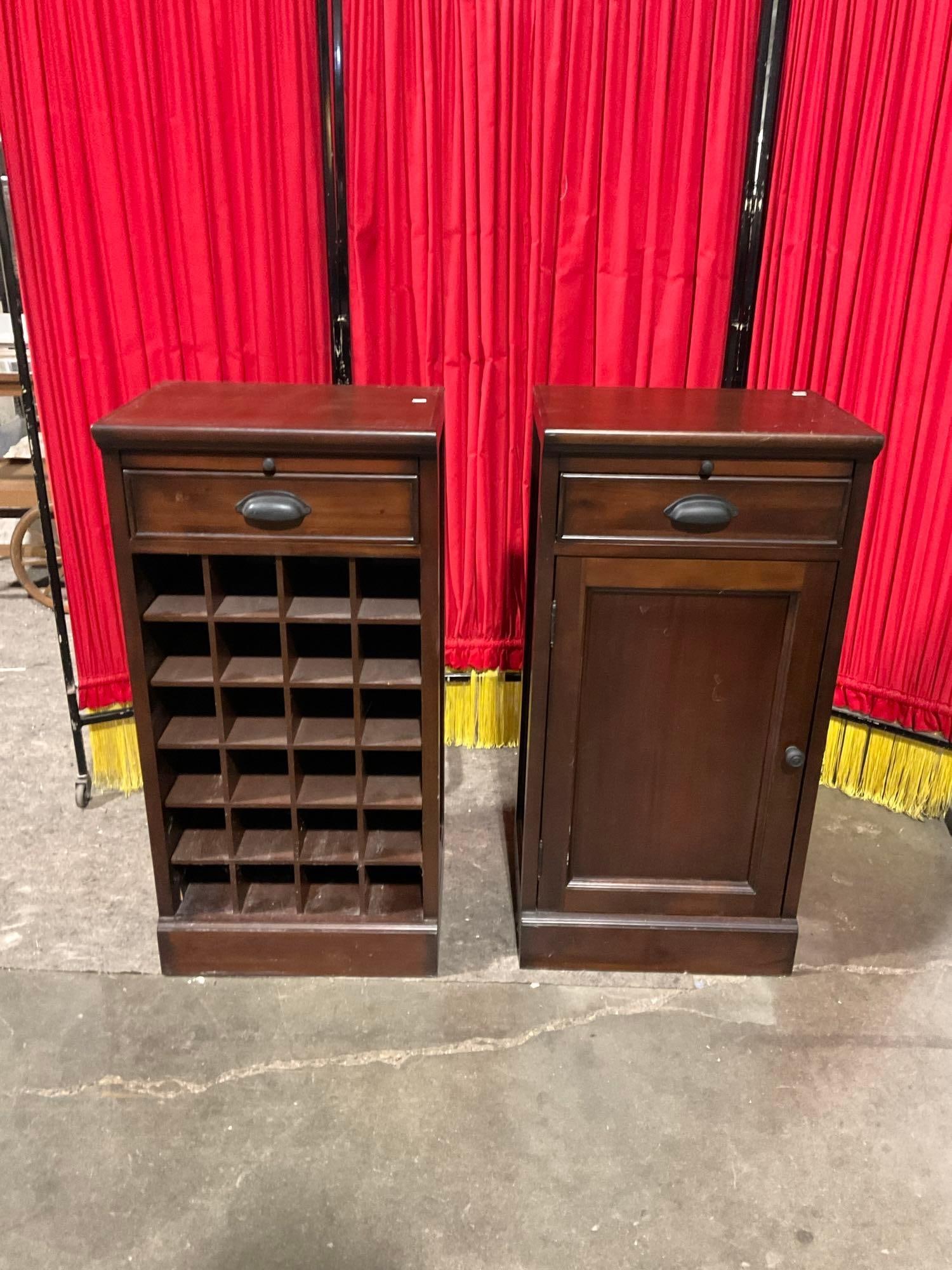 Pair of Mahogany End Tables/ Dry Bars - One with Wine Storage & A Cabinet - See pics: Each measures 36"x18"x14". In fair to good condition scratches throughout. Nice color & grain. T-3333