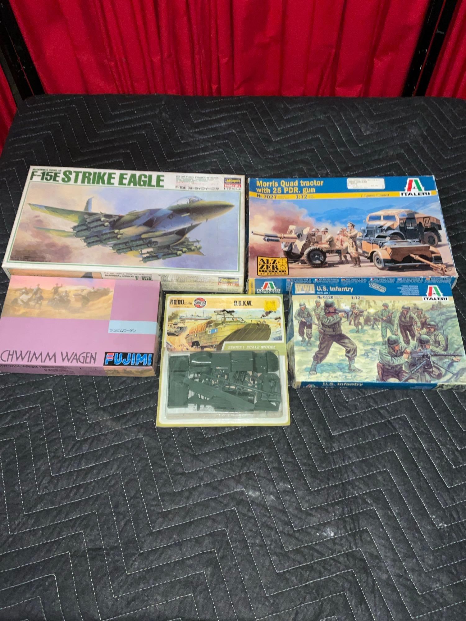 Collection of 5 Military Model Kits incl. F-15E Strike Eagle, Morris Quad Tractor, Infantry, & DUKW (1 of 4)