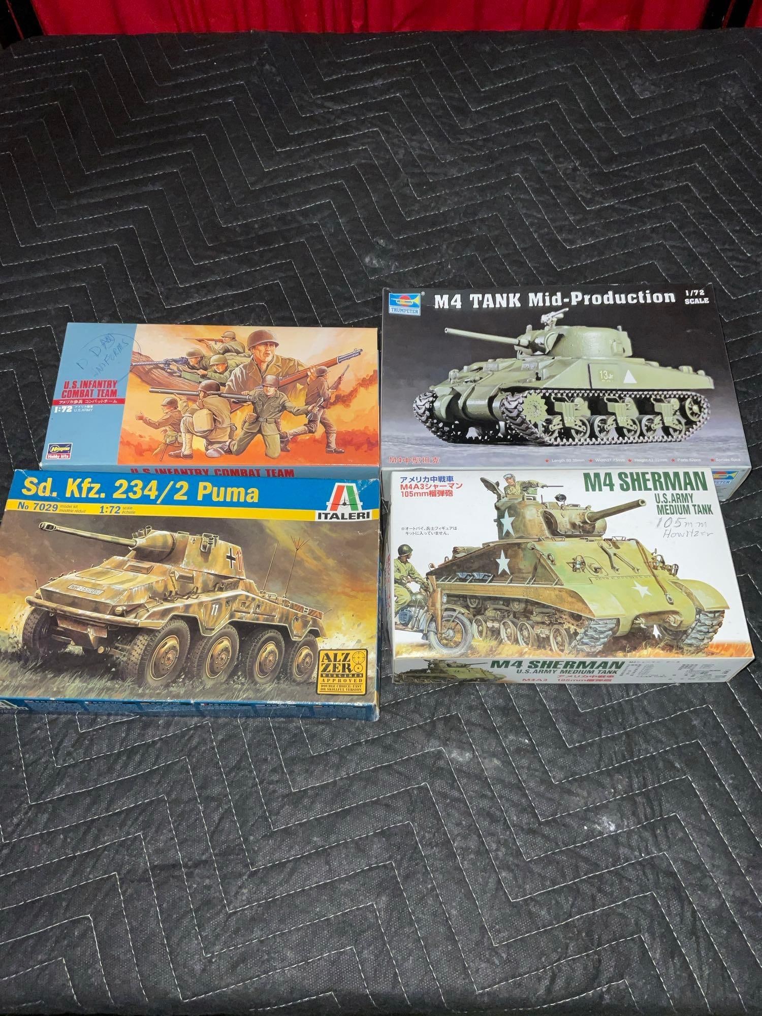 Collection of 4 Military Model Kits incl. M4 Tank, M4 Sherman, sd. kfz Puma, & Infantry (1 of 3)