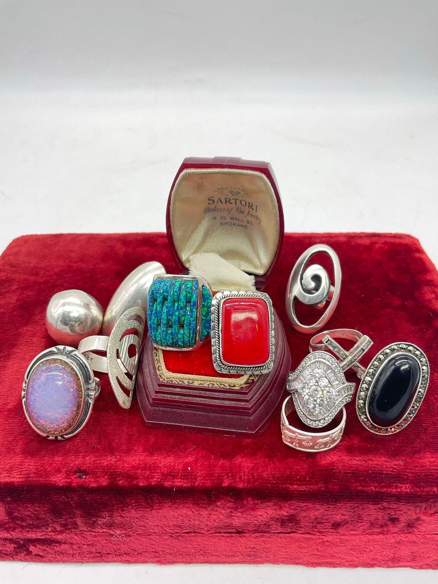 Excellent selection of 10 Sterling silver rings w an assortment of different stones , some signed (1 of 4)