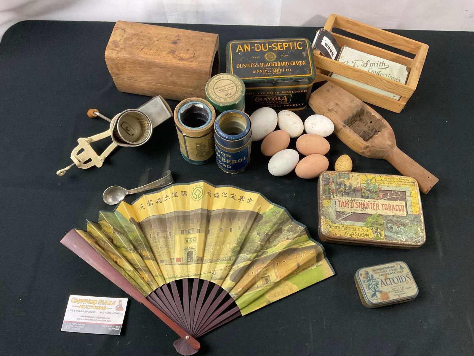 Vintage & Antique Tins, Chinese Fan, Rotary Grater, Lotus Cake Press, Faux Eggs, & more (1 of 6)