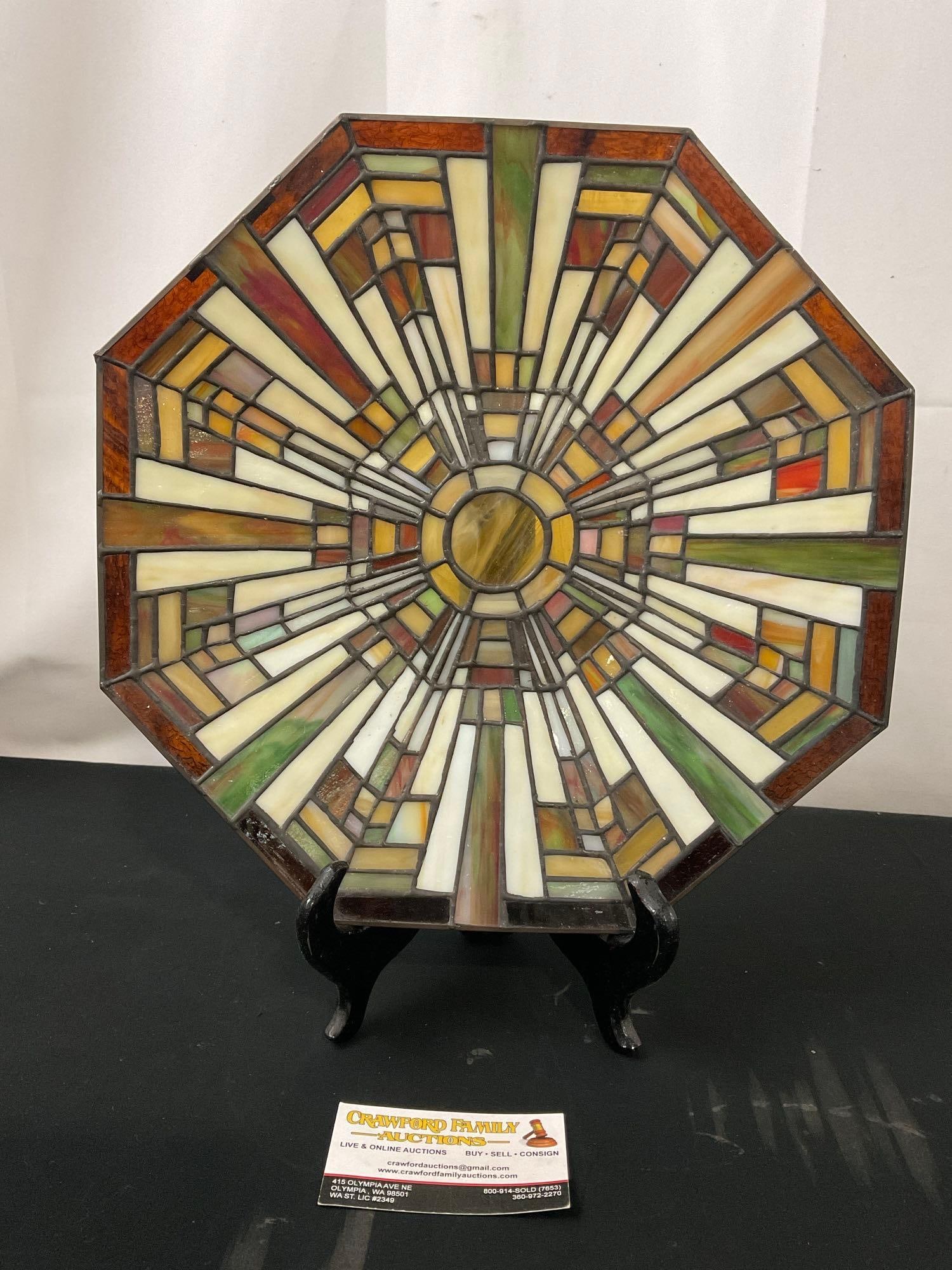 Vintage Quoizel Collectibles, Mission Style Leaded Stained Glass Charger, 13 inches in diameter: Appears to be in good shape. Piece measures approx 13 inches in diameter. See pics. E-3200