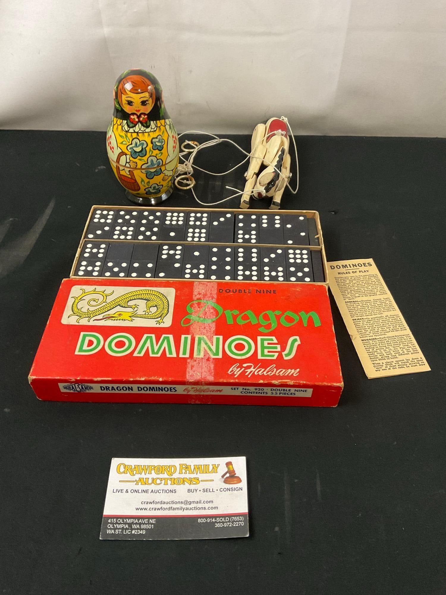 Double Nine Dragon Dominoes, Matryoshka Nesting Doll & Horse Puppet, painted wood: The doll is marked on the bottom, made in Russia. Appears to be in good shape. See pics. E-2623