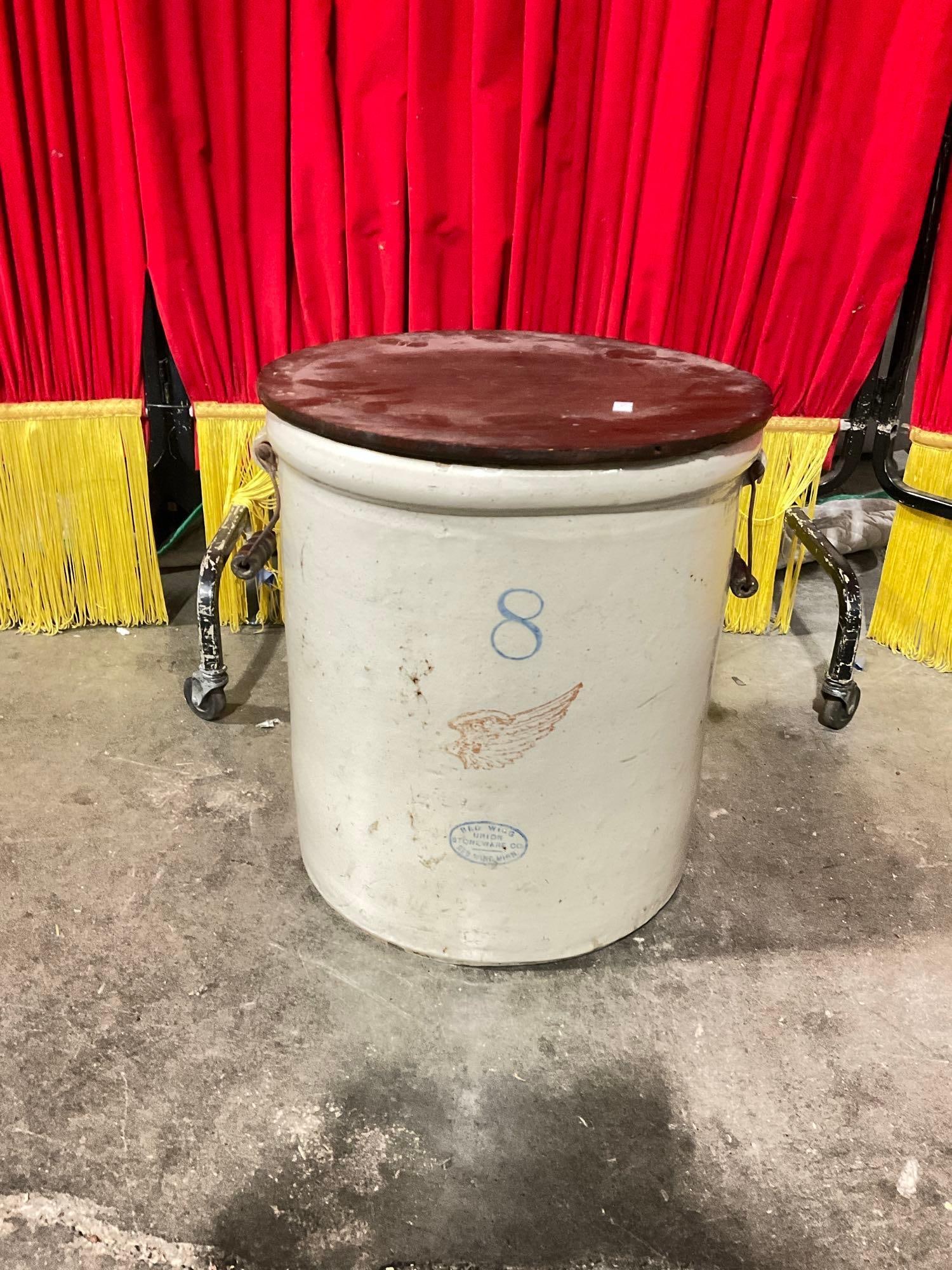 Antique Red Wing Union Stoneware Co. 8 Gallon Crock w/ Wood lid & Handles - See pics: Measures 16"x14"x14". In good shape. T-3190 *Special Shipping Required*