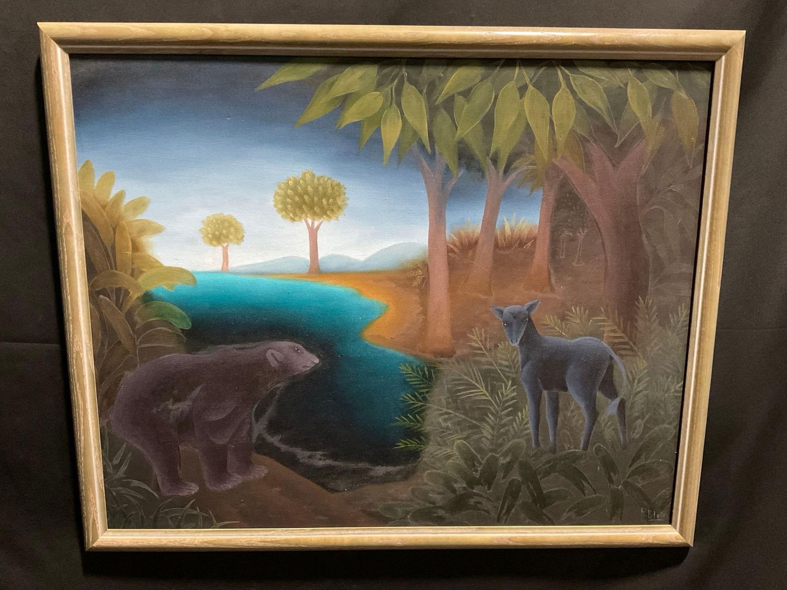 Framed Original Painting Bear & Deer in front of lake by R. Blair, 26 x 32 inches (1 of 6)