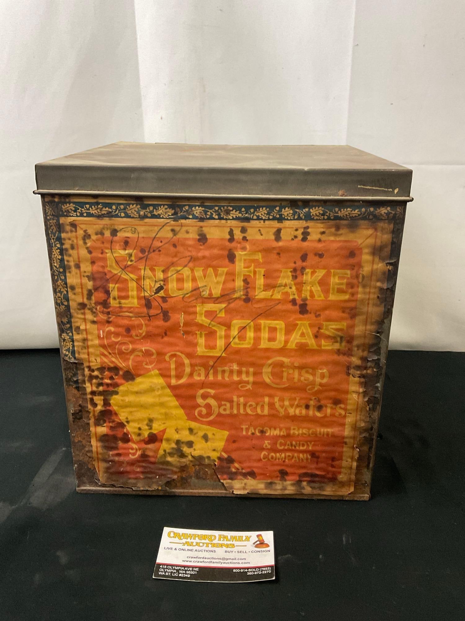 Vintage Snow Flake Sodas, Tacoma Biscuit & Candy Company, 11.5 inches tall, hinged lid Tin (1 of 7)