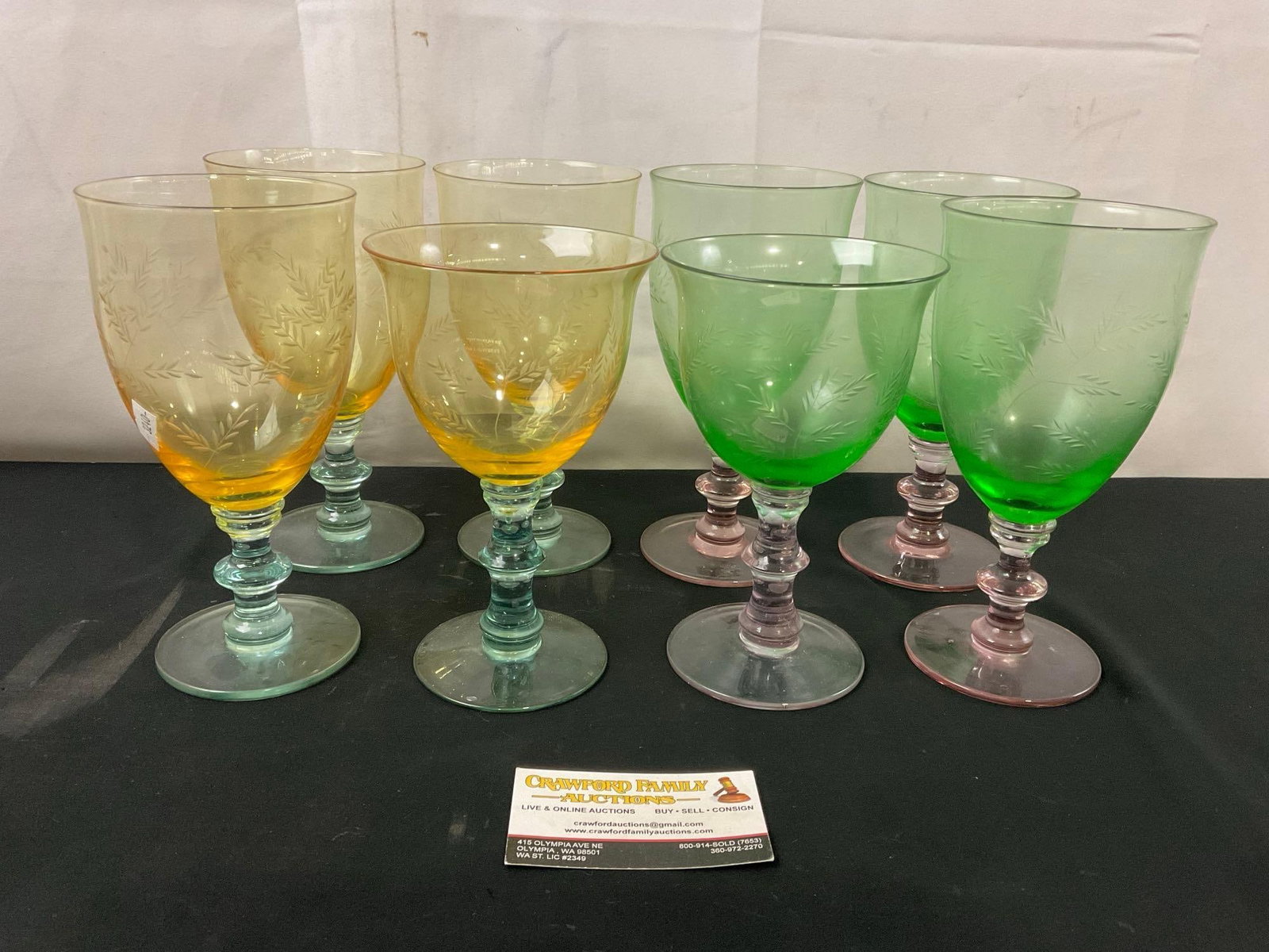 8 Fostoria Yellow & Green Depression Glasses, 6 large water goblets, 2 wine glasses: Appears to be in good shape. The pieces measure approx 8 inches tall. See pics. E-3240