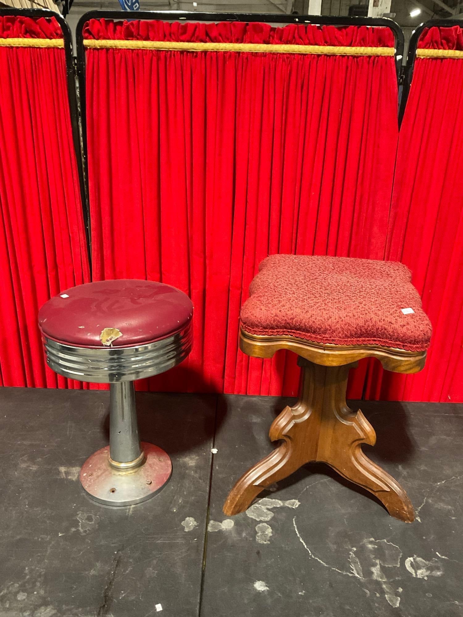 1950's Red Leather Dining Stool & 1870's Mahogany Eureka Organ Stool w/ Upholstered Top: Both in fair to good shape. Light staining on organ stool & diner stool has tear in leather. See pics. T-1173 *Freight Required if shipped*