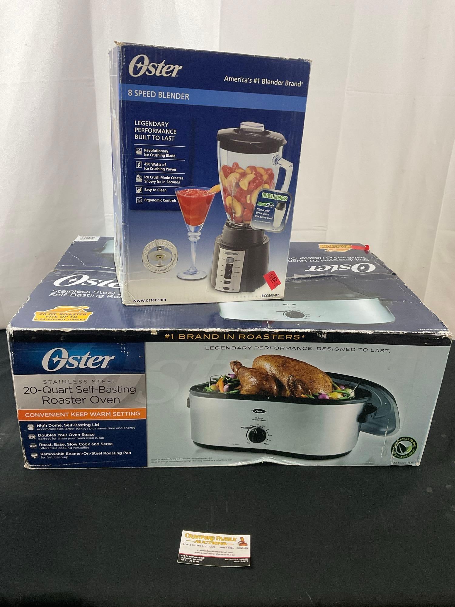 Oster 8 Speed Blender & Stainless Steel 20-Quart Self Basting Roaster Oven, NIB: Appears to be in good shape. The pair are seemingly unused, the pieces are still packaged in the original boxes. See pics. E-3310