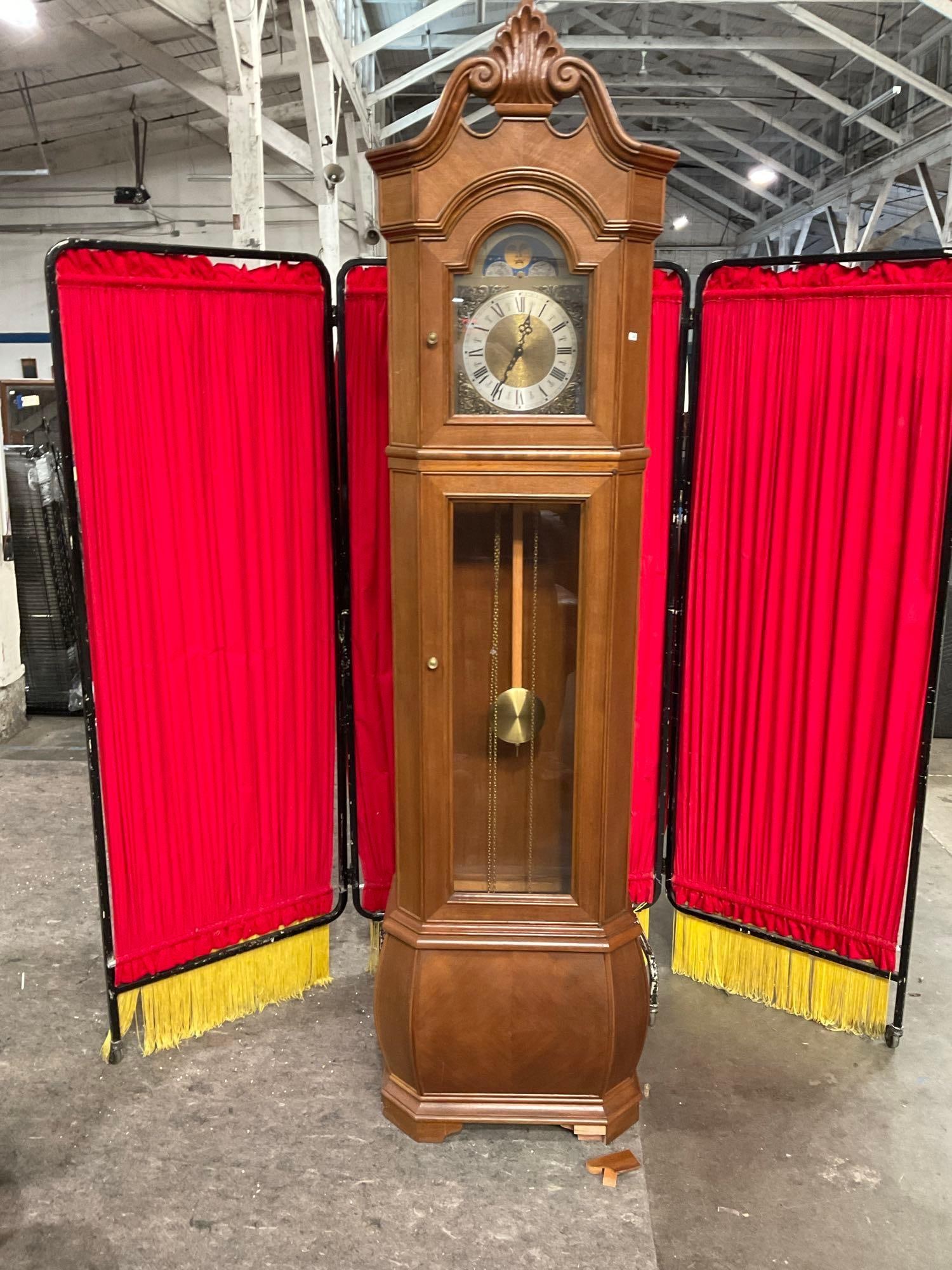 Vintage Wooden Carved Grandfather Clock w/ Brass Movement & Sun + Moon Face Day Wheel (1 of 10)