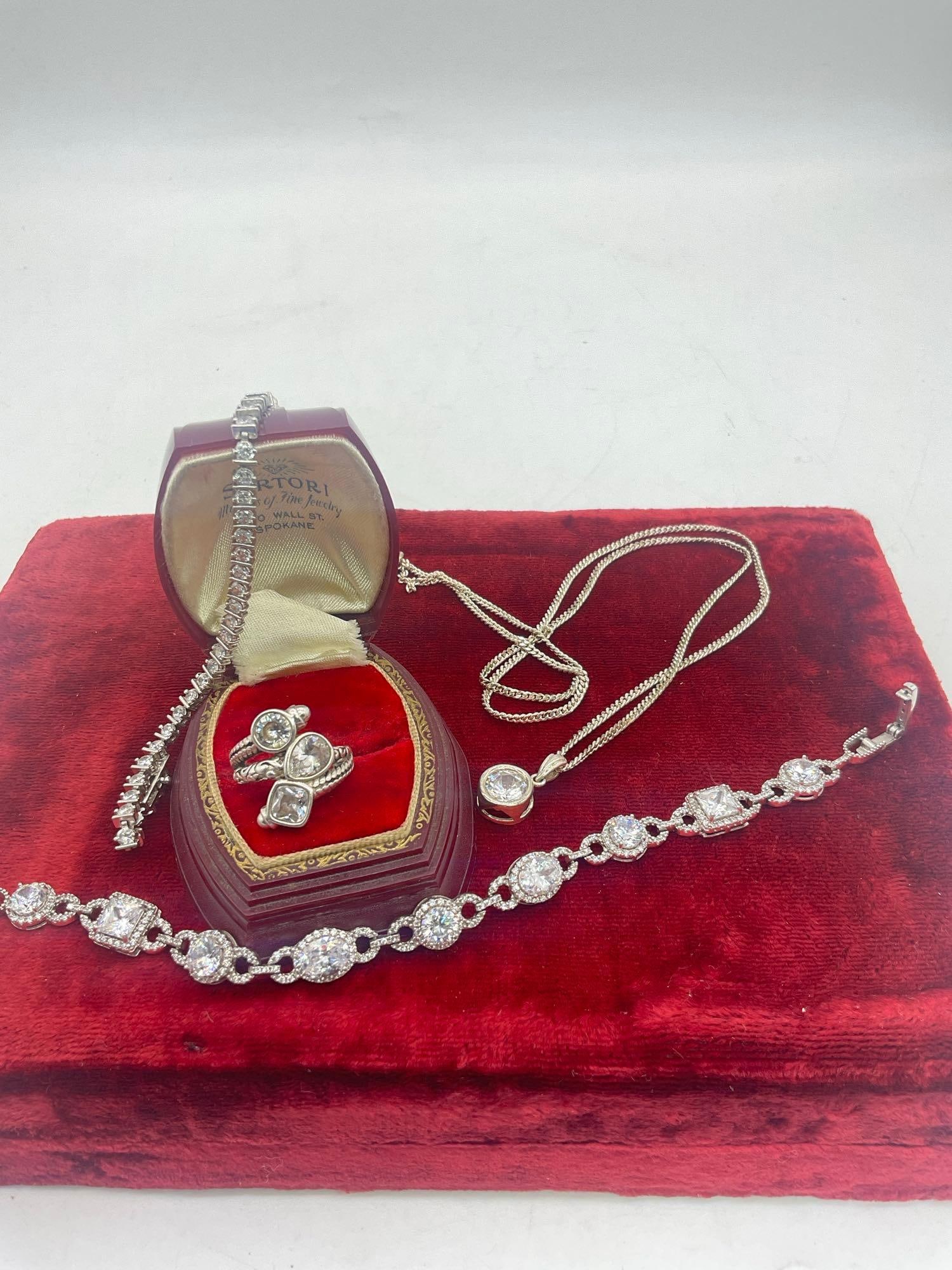 Elegant Sterling silver tennis Bracelet's, ring & Necklace w/ pendant featuring CZ Stones (1 of 4)