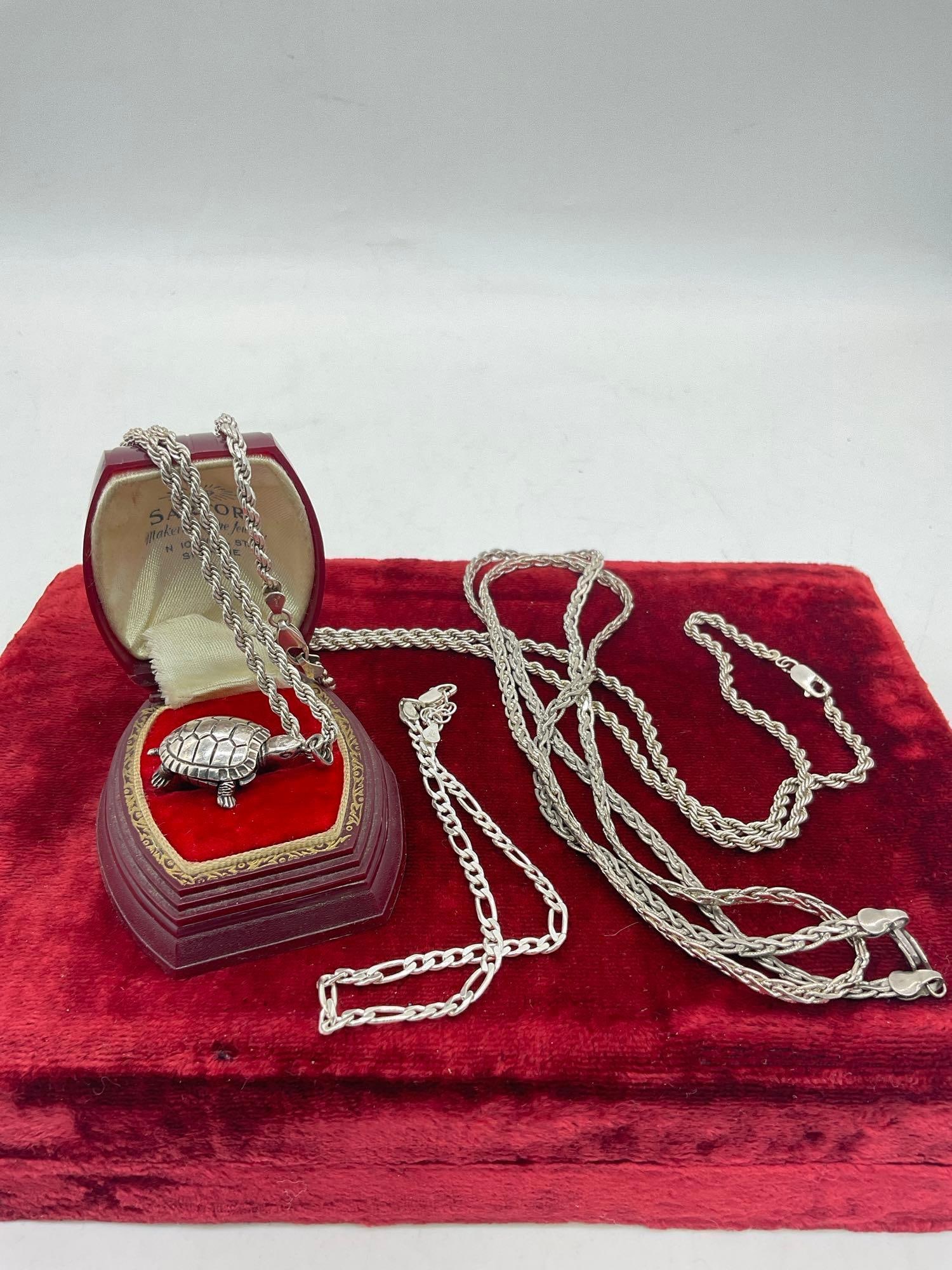 Collection of Sterling silver featuring 2x bracelets & 2 necklaces , 1 with turtle pendant 65.08 ... (1 of 4)