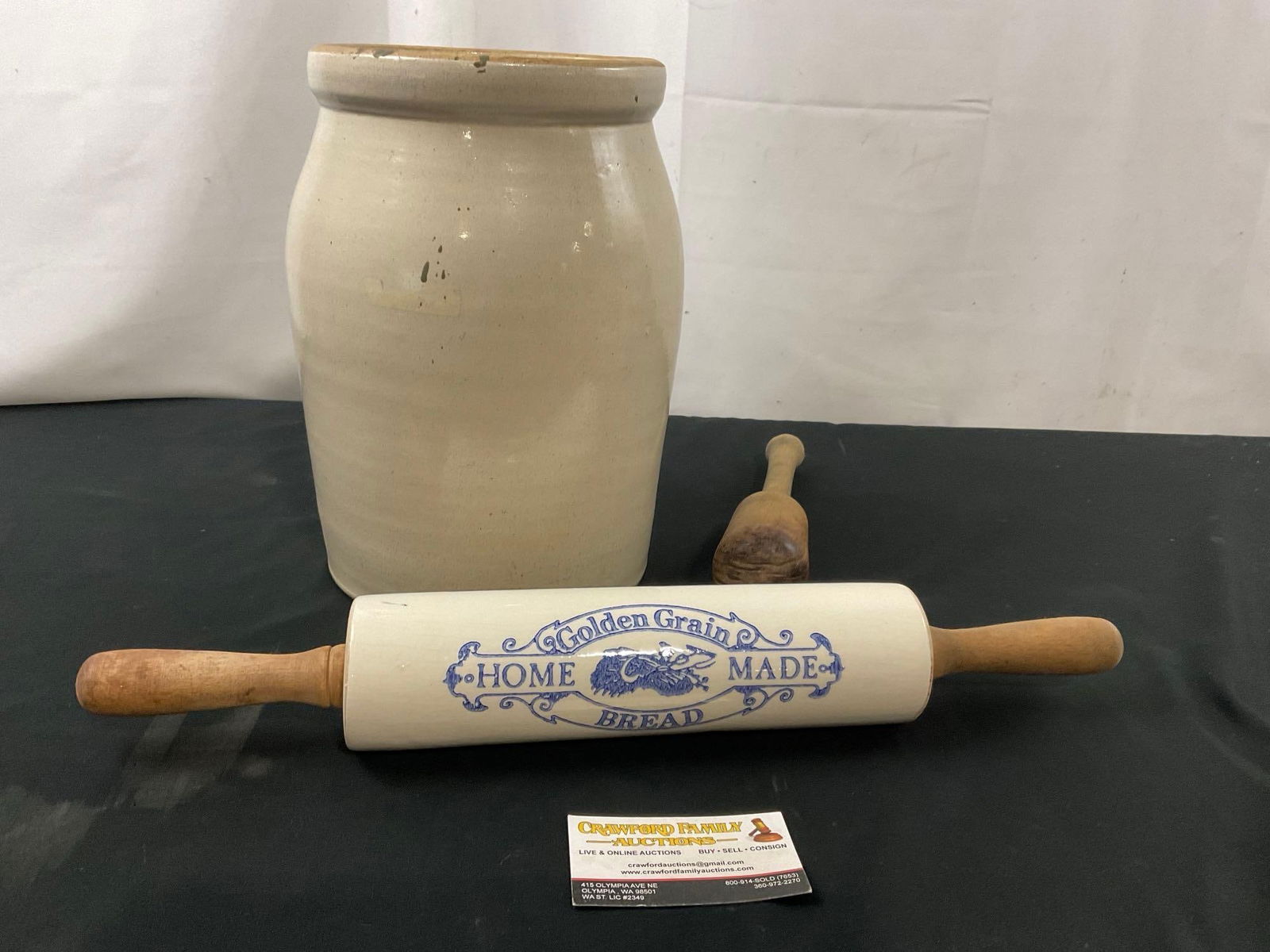 Vintage Salt Glazed Crock, Porcelain Rolling Pin & Mallet, crock is 11.5 inches tall: Appears to be in good shape. The crock measures approx 11.5 inches. See pics. E-3190