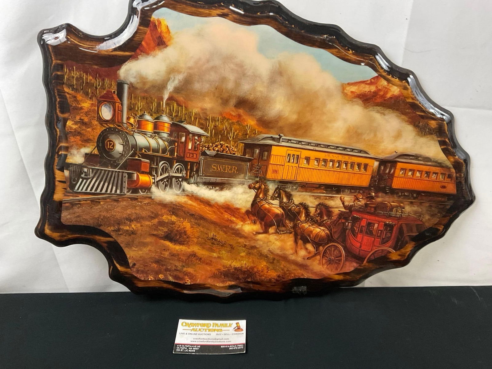 At the Crossroads by James Rozzi,Train & Stagecoach art, Wooden Plaque in the shape of an arrowhead (1 of 3)