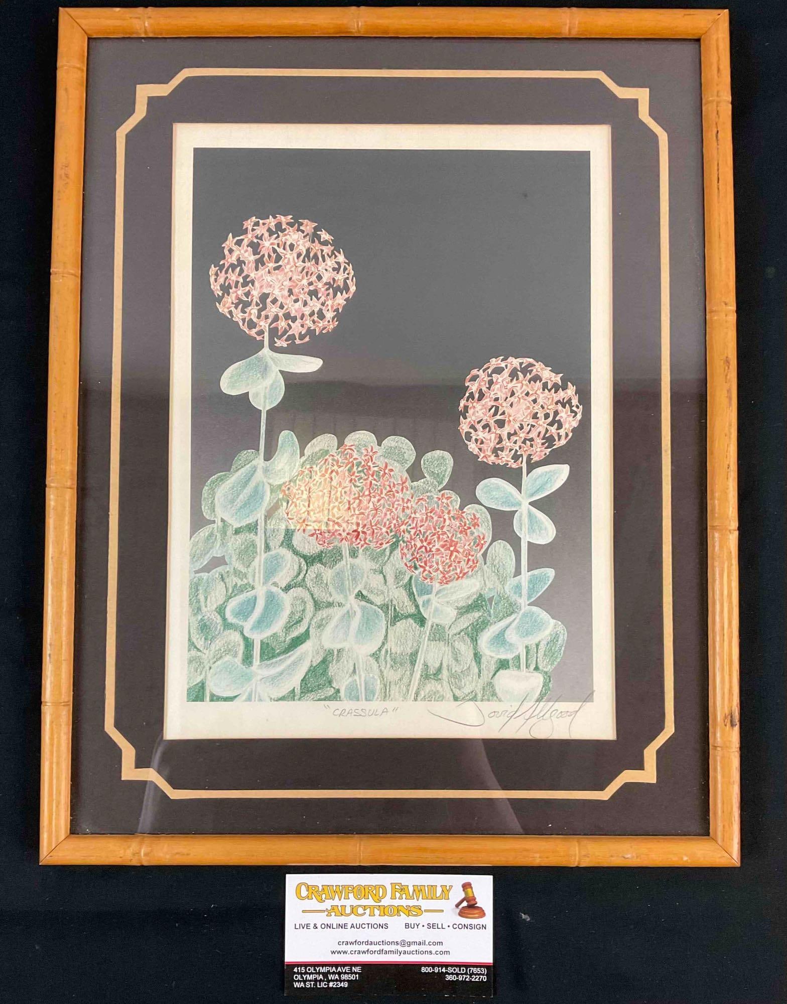 Vintage Framed Colored Pencil Art Print "Crassula" Signed David Allgood in Bamboo Styled Frame. See (1 of 4)