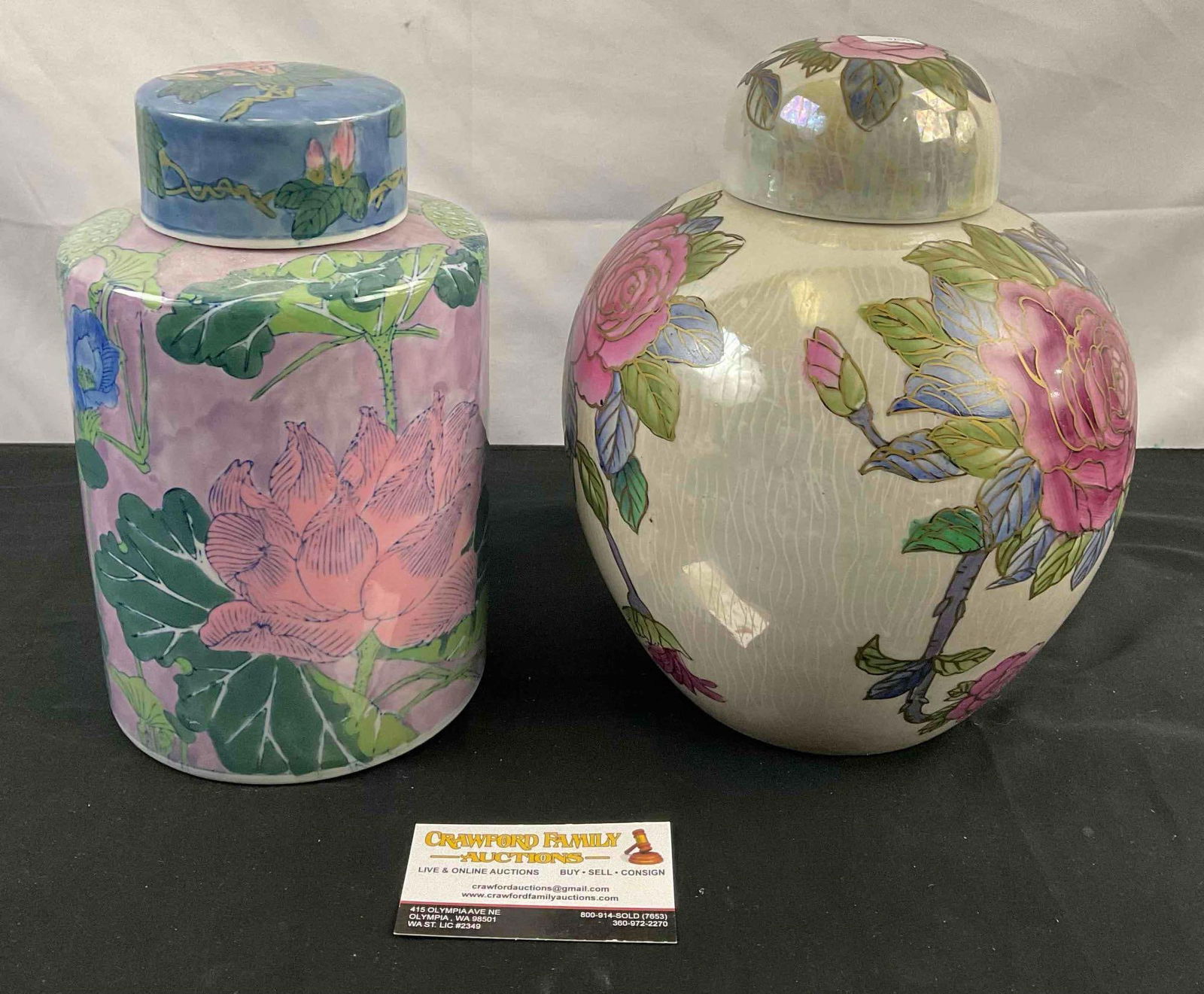 2 pcs Lovely Chinese Ceramic Lidded Ginger Jars w/ Spring Floral Designs. Excellent Condition. See (1 of 5)