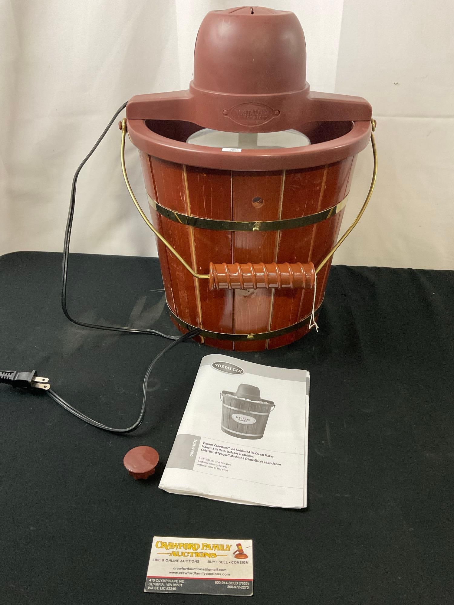 Nostalgic Electric Ice Cream Maker, Tested and working: Appears to be in fair to good shape, the slats are slipping down in a couple places. Tested and working. Measures approx 17h x 11.5d inches. See pics. E-2656