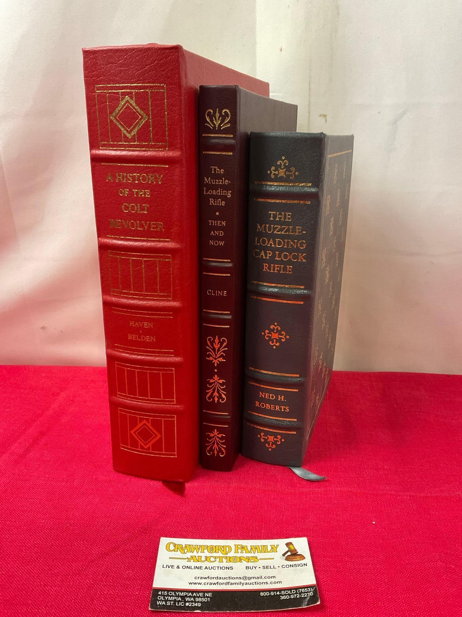 Vintage Books, A History of the Colt Revolver, 2 Muzzle-Loading Rifle Books, by Cline & Roberts: Wrapped in gold leafed leather binding. Appears to be in good shape. The books were printed in 1996, 1997, & 2001. See pics. E-414