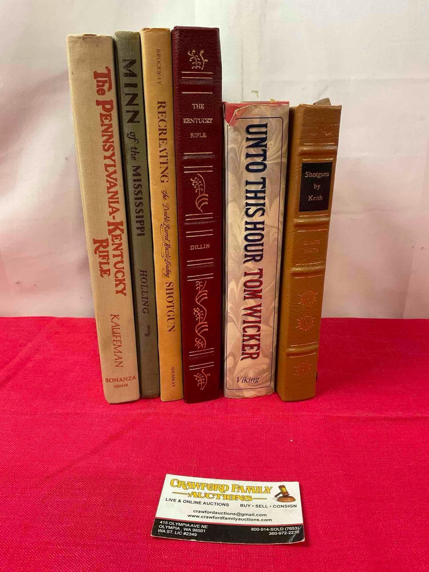 6 Gun Books, Shotguns, The PA-KY Rifle, Minn of the Mississippi, The Kentucky Rifle, Unto This Ho...: .. Recreating the Double Barrel Muzzle Loading Shotgun. Wrapped in gold leafed leather binding. Appears to be in good shape. See pics. E-414