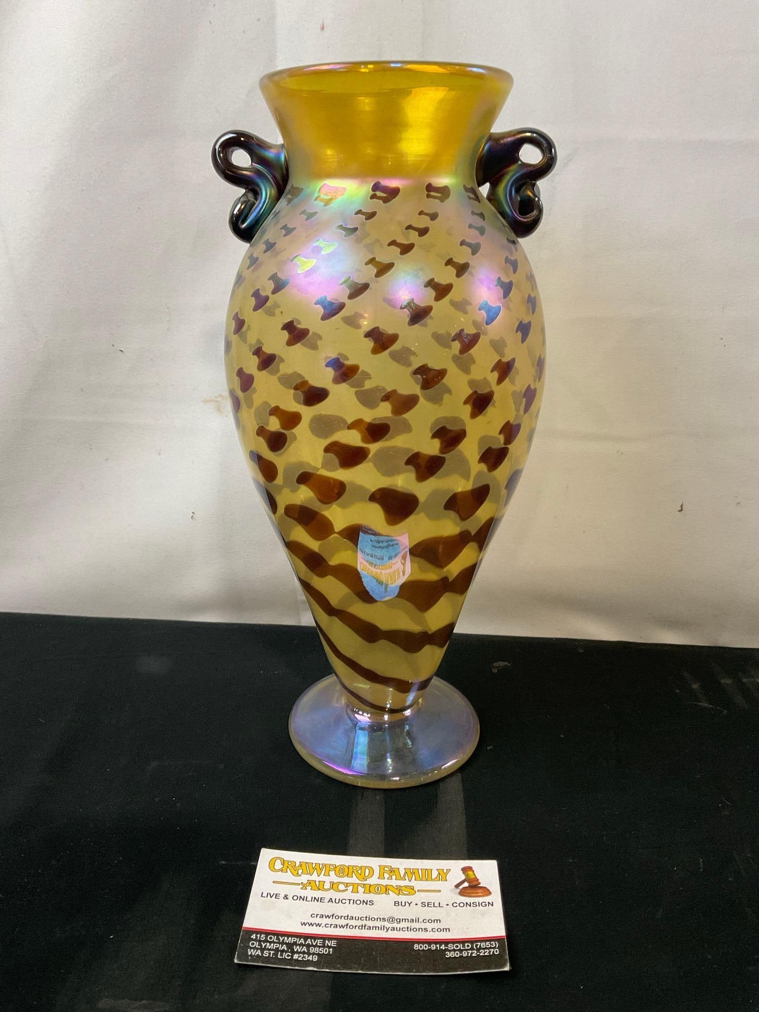 Vintage Signed Steven Lundberg Iridescent Yellow Glass Vase, Handblown, 11 inches tall (1 of 12)