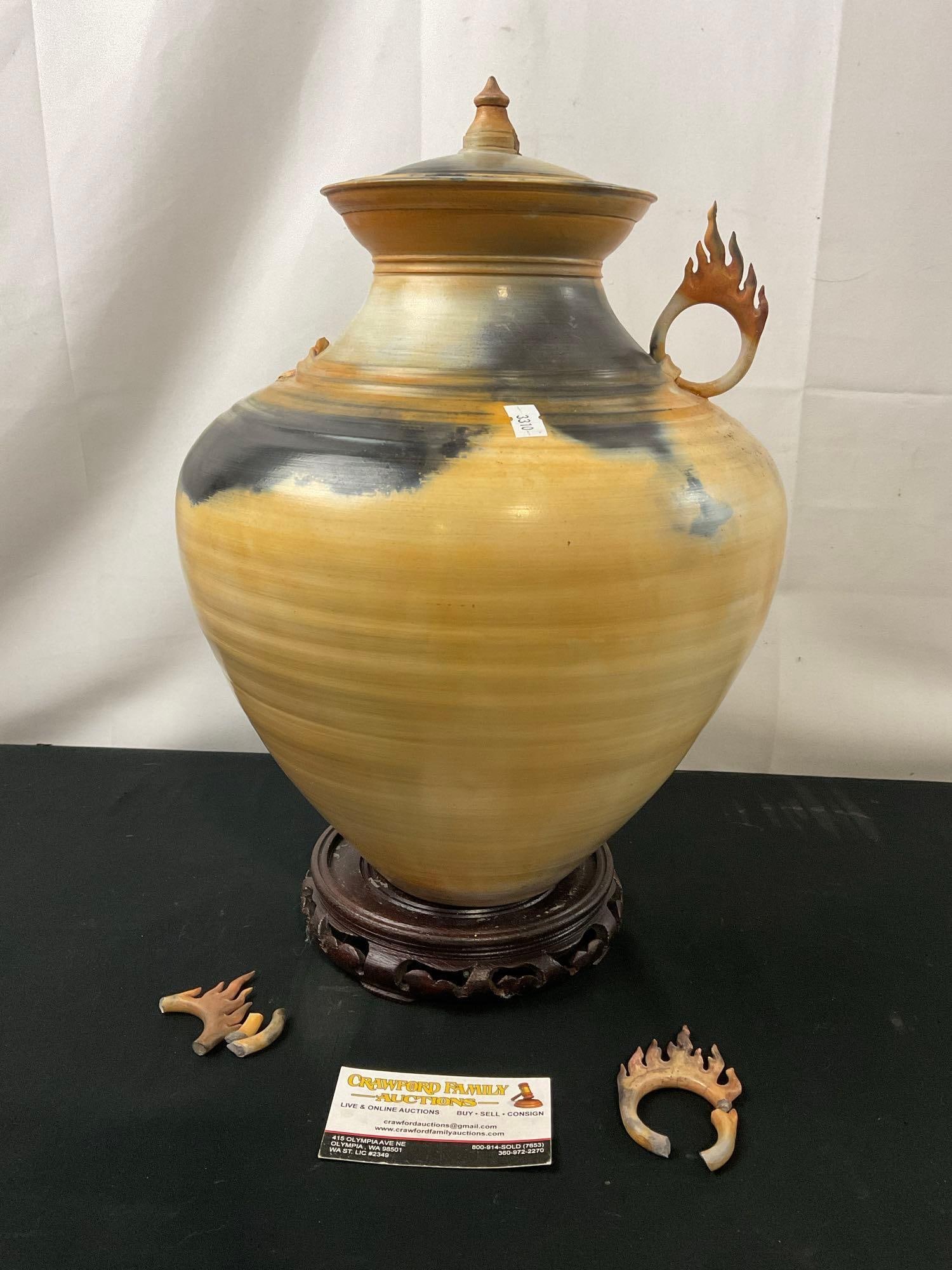 Vintage Glazed Jar Stoneware, Orange, tan & Black, signed by local artist Jenny Andersen 1994: The top finial and one handle is broken, the pieces are included inside and match up, could be repaired. The jar measures approx 14.5 inches tall. See pics. E-3310