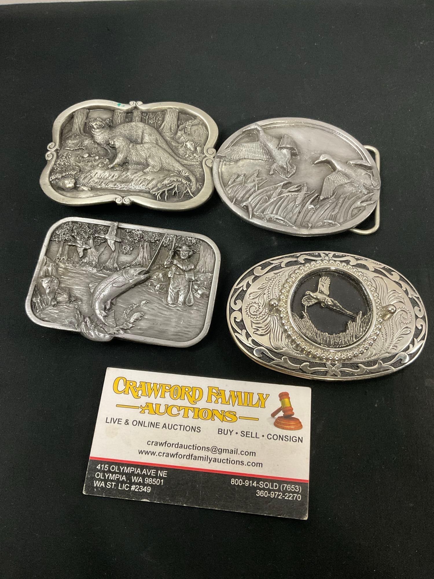 4 Vintage 1980s Pewter (?) Belt Buckles, Wilderness Scenes, Bergamot Brass Works, 2.5 x 3.5 inches (1 of 6)