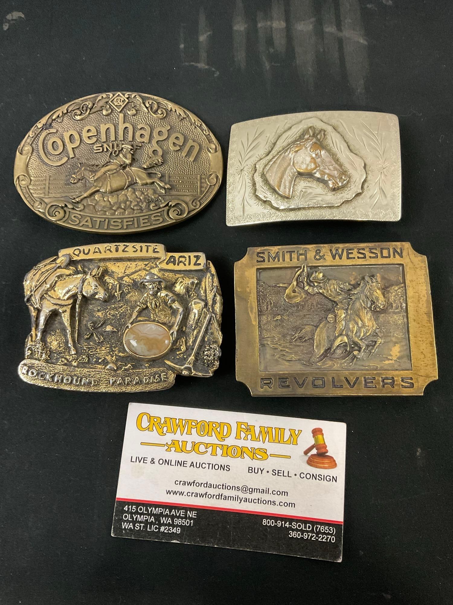 4 Vintage Belt Buckles, Solid Brass, Copenhagen, Rockhound Paradise, Smith & Wesson & Embossed Ho... (1 of 3)