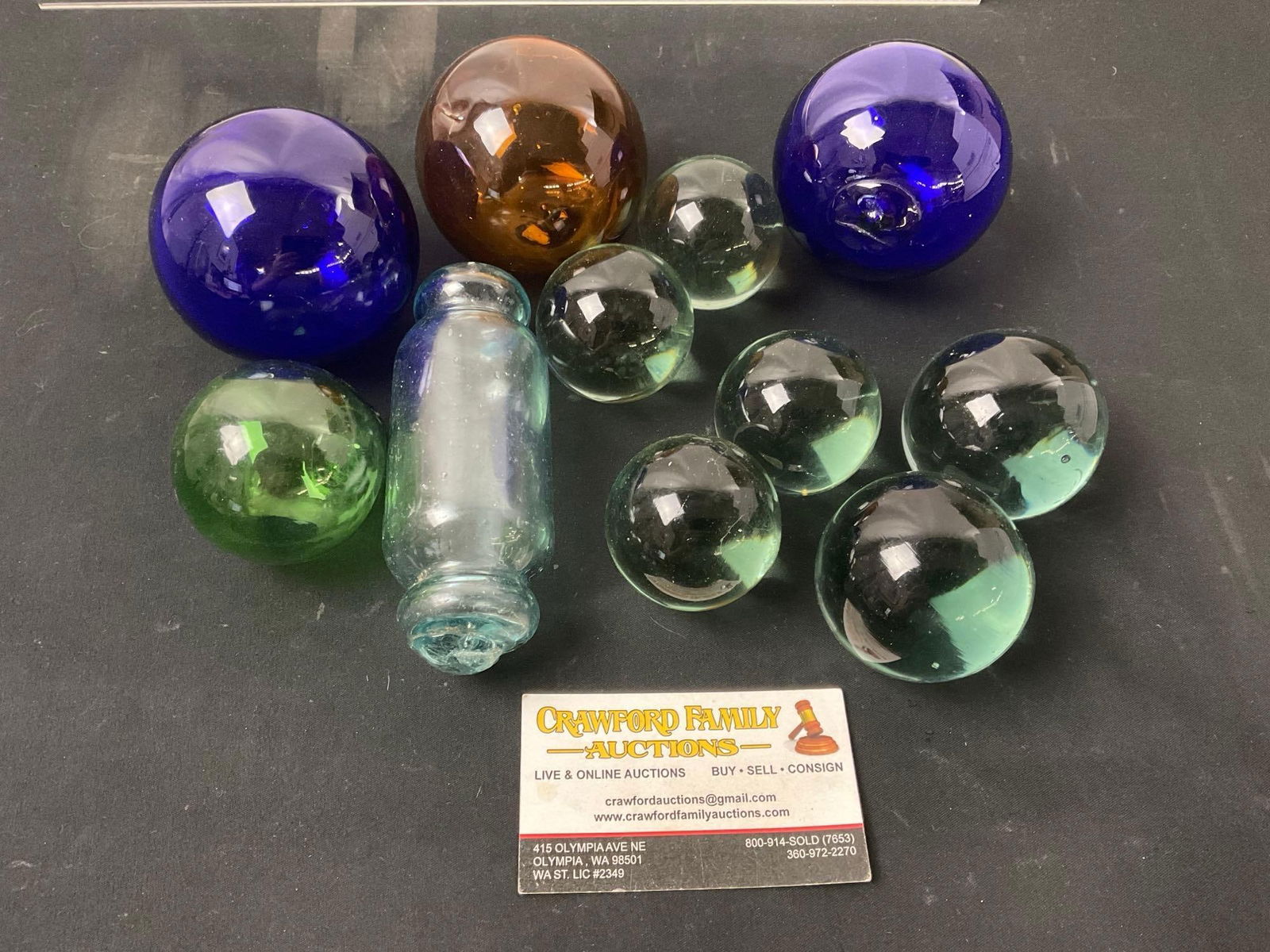 4 Assorted Glass Floats, Vintage Hokkaido style Japanese Rolling Pin Float, & 6 Large Glass Marbles (1 of 3)