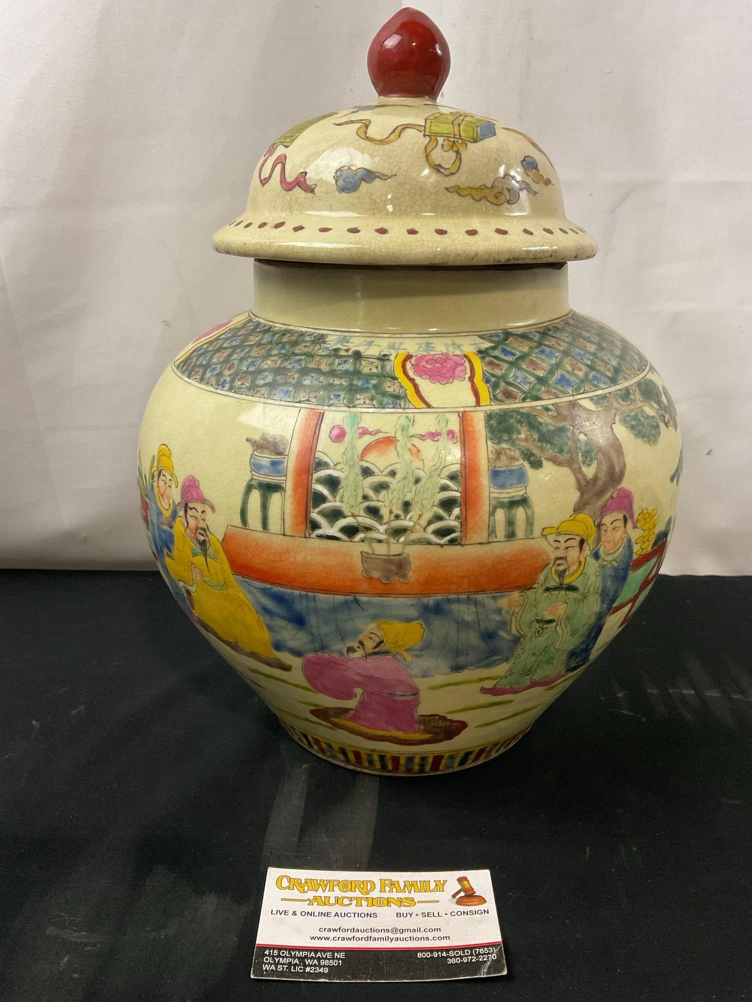 Antique Hand Glazed Chinese Ginger Jar, Celadon finish w/ Lid, 13 inches tall (1 of 9)