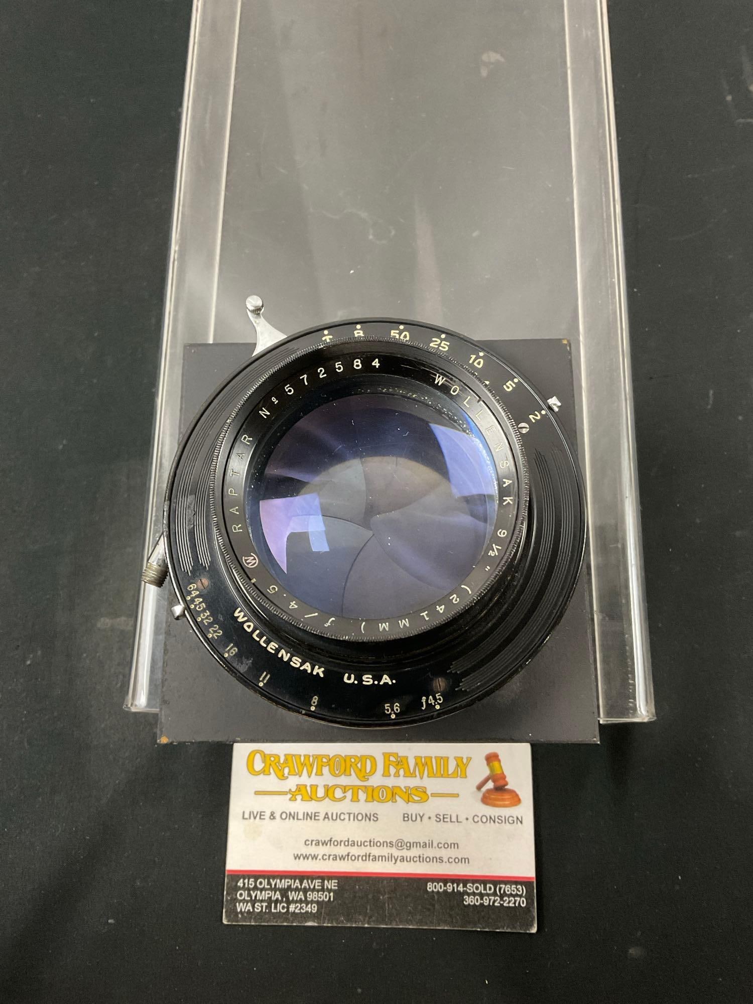 Wollensak 9 1/2 241mm f/4.5 Raptar Camera Lens, no.572584 w/ Betax no. 4 Flange: Appears to be in fair to good condition. See pics. E-414