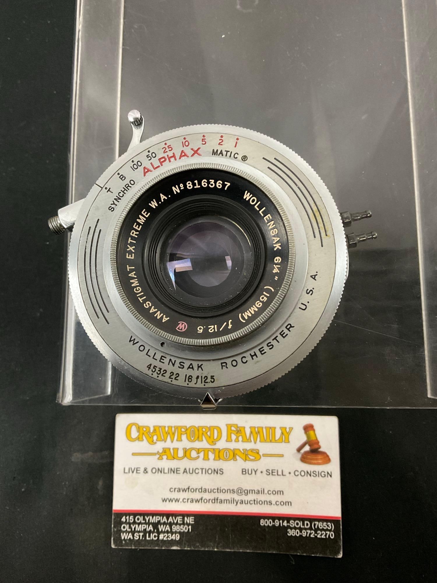 Wollensak 6 1/4 15mm f/12.5 Anastigmat Camera Lens w/ Synchro Alphax Matic Flange: Appears to be in fair to good condition. See pics. E-414
