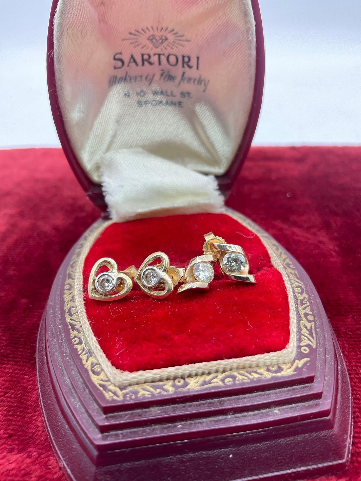 Pair of 14k gold and diamond stud earrings - heart and spiral designs 2.96grams ttw: JC-3280
