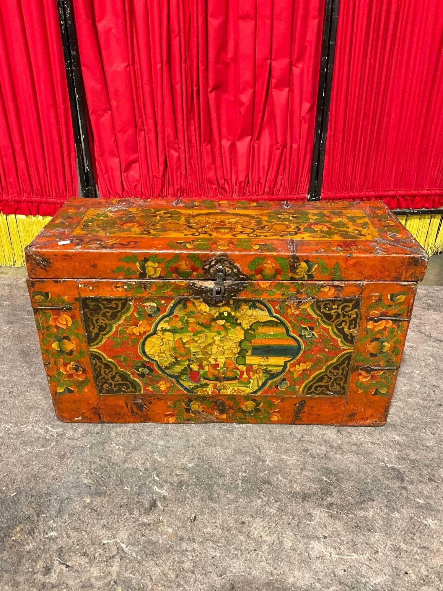 Antique Mid 18th Century Tibetan Hand Painted Red Floral Pine Trunk - See pics (1 of 5)
