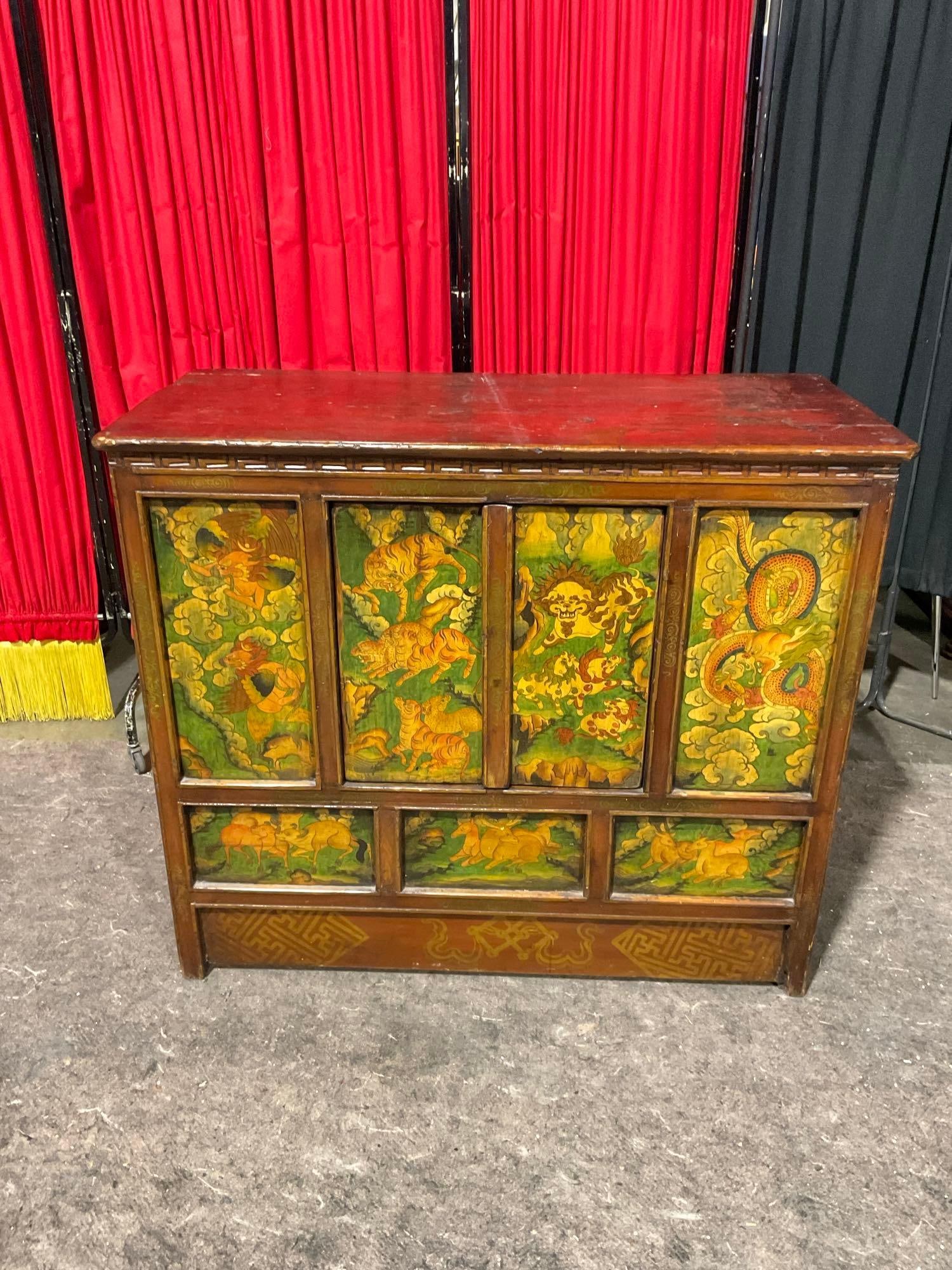 Antique 19th Century Tibetan Lacquered & Hand-painted Pine Cabinet w/ Mythical Beasts - See pics (1 of 8)