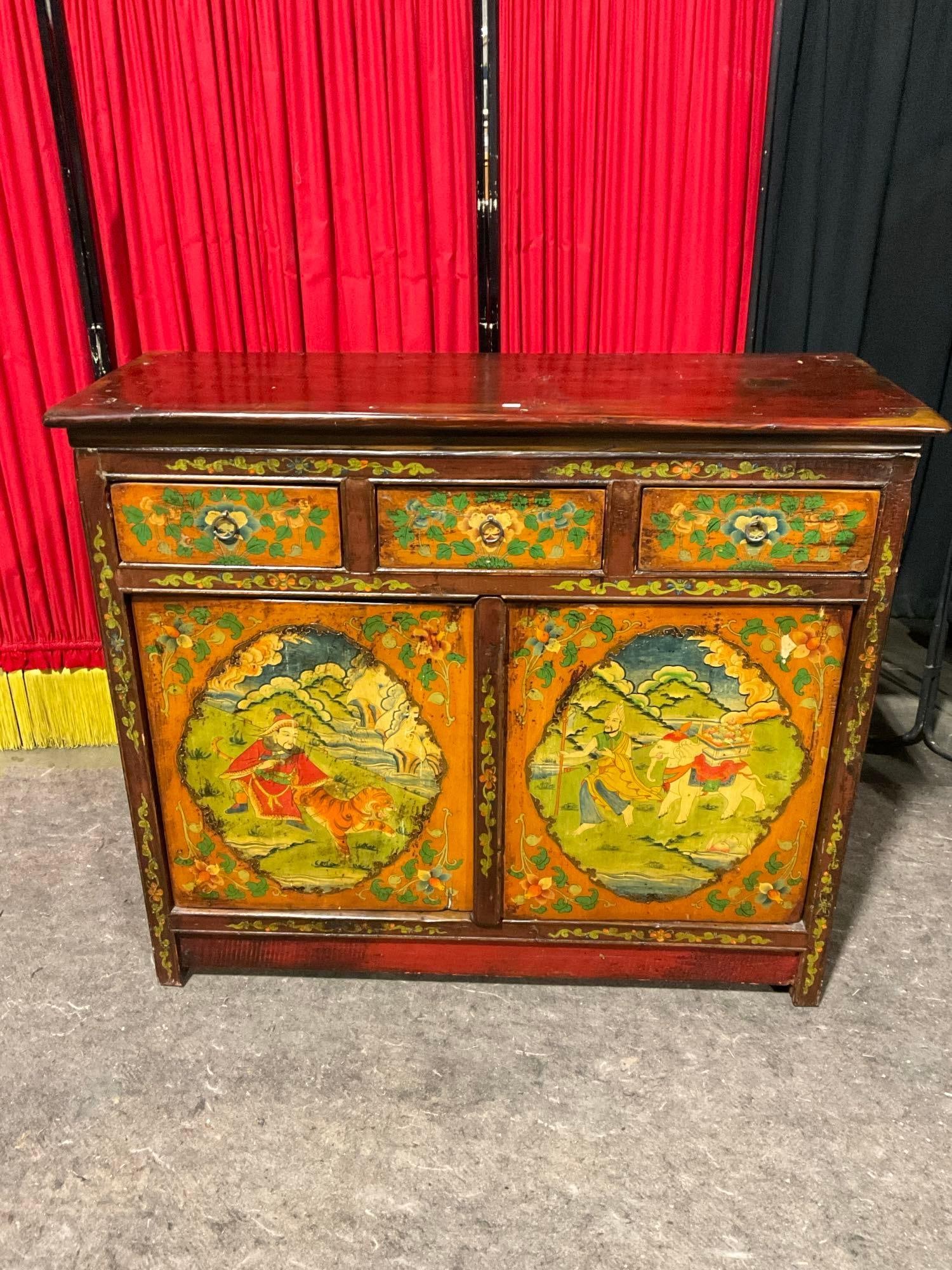 Antique 19th Century Tibetan Lacquered & Hand-painted Pine Cabinet w/ 3 Drawers - See pics (1 of 5)