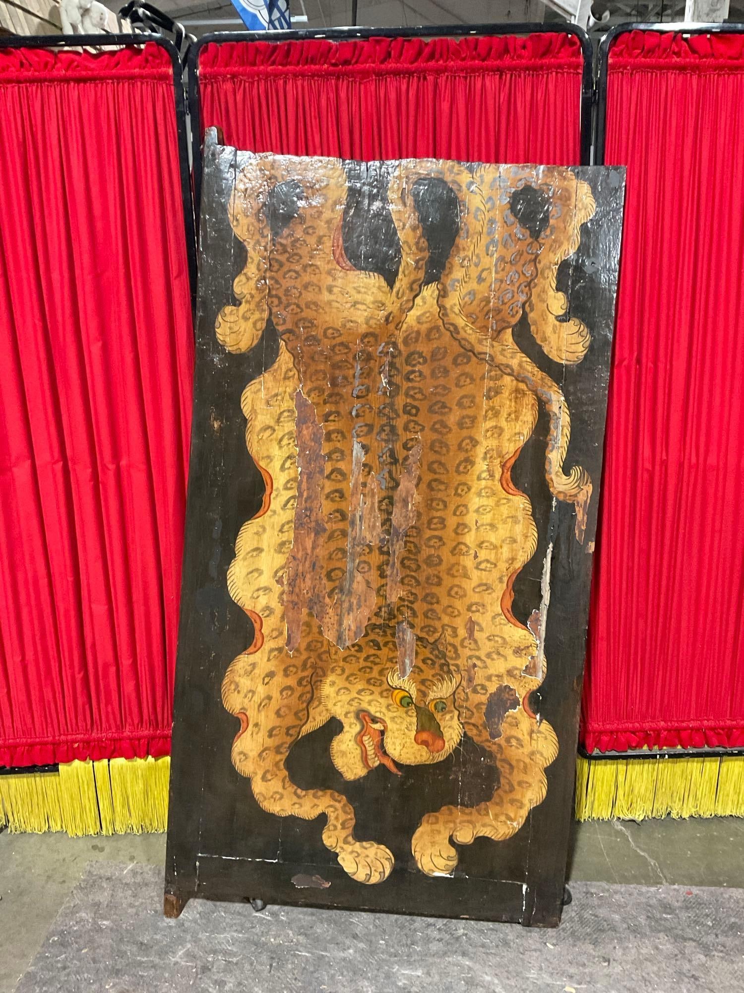 Antique 19th Century Tibetan Hand-Painted Leopard On Wood Door - See pics (1 of 6)