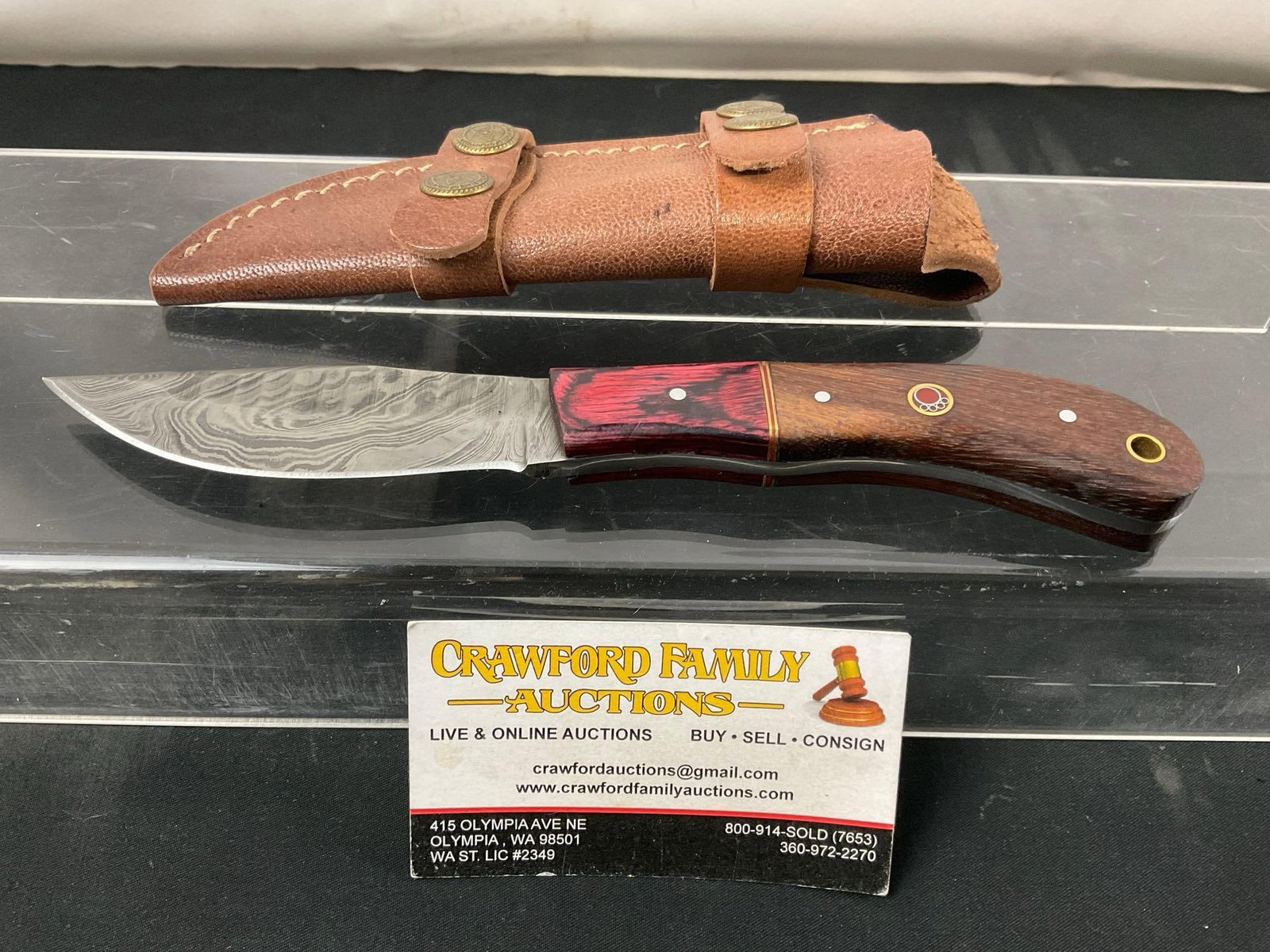 Handmade Damascus Knife w/ Leather Sheath 4 inches, Red & Dark Tinted Wooden Handle (1 of 6)
