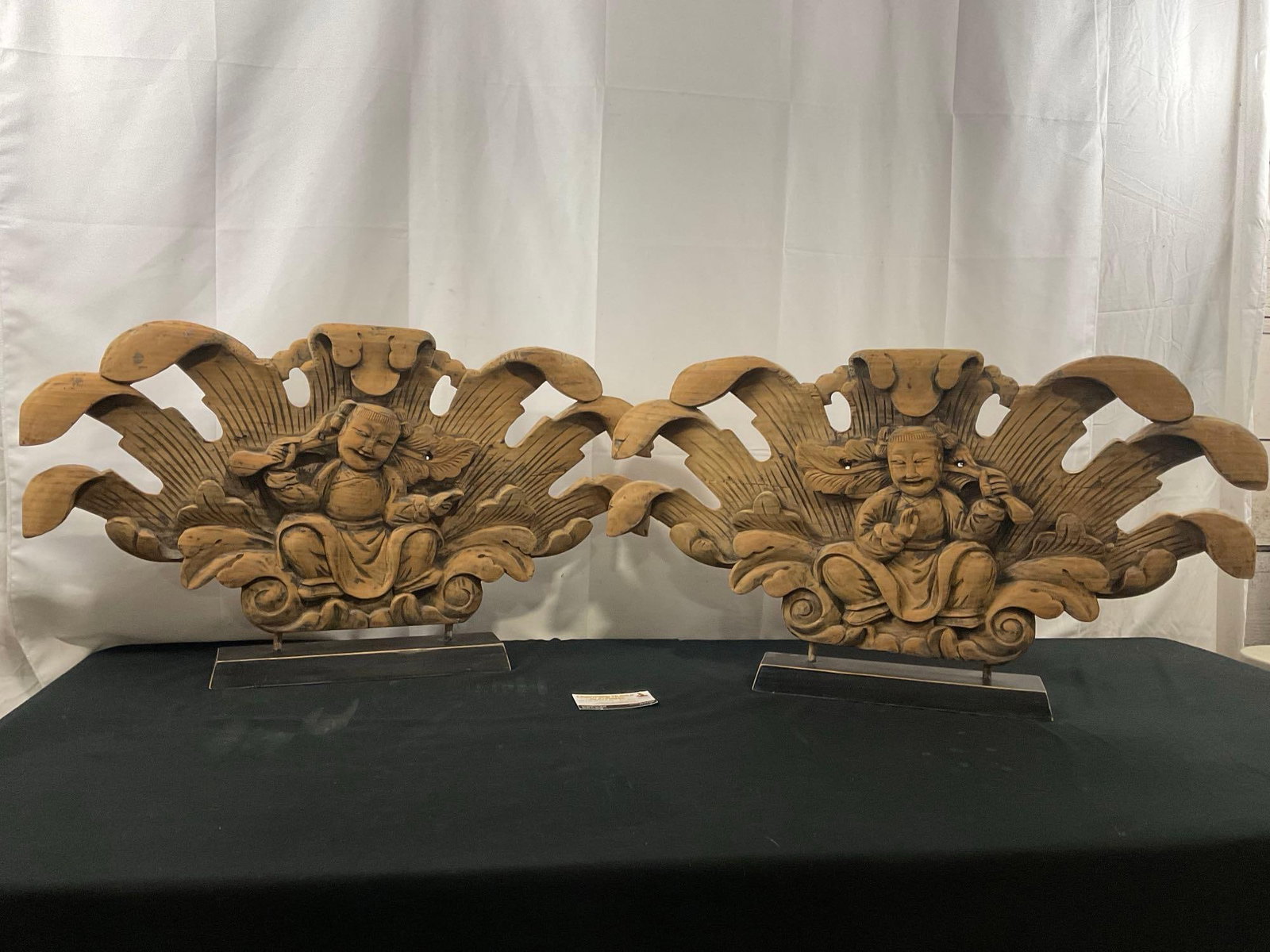 Pair of Handcarved Buddha Figures, carved wood on stands, each is 16 x 28 x 4 inches (1 of 5)