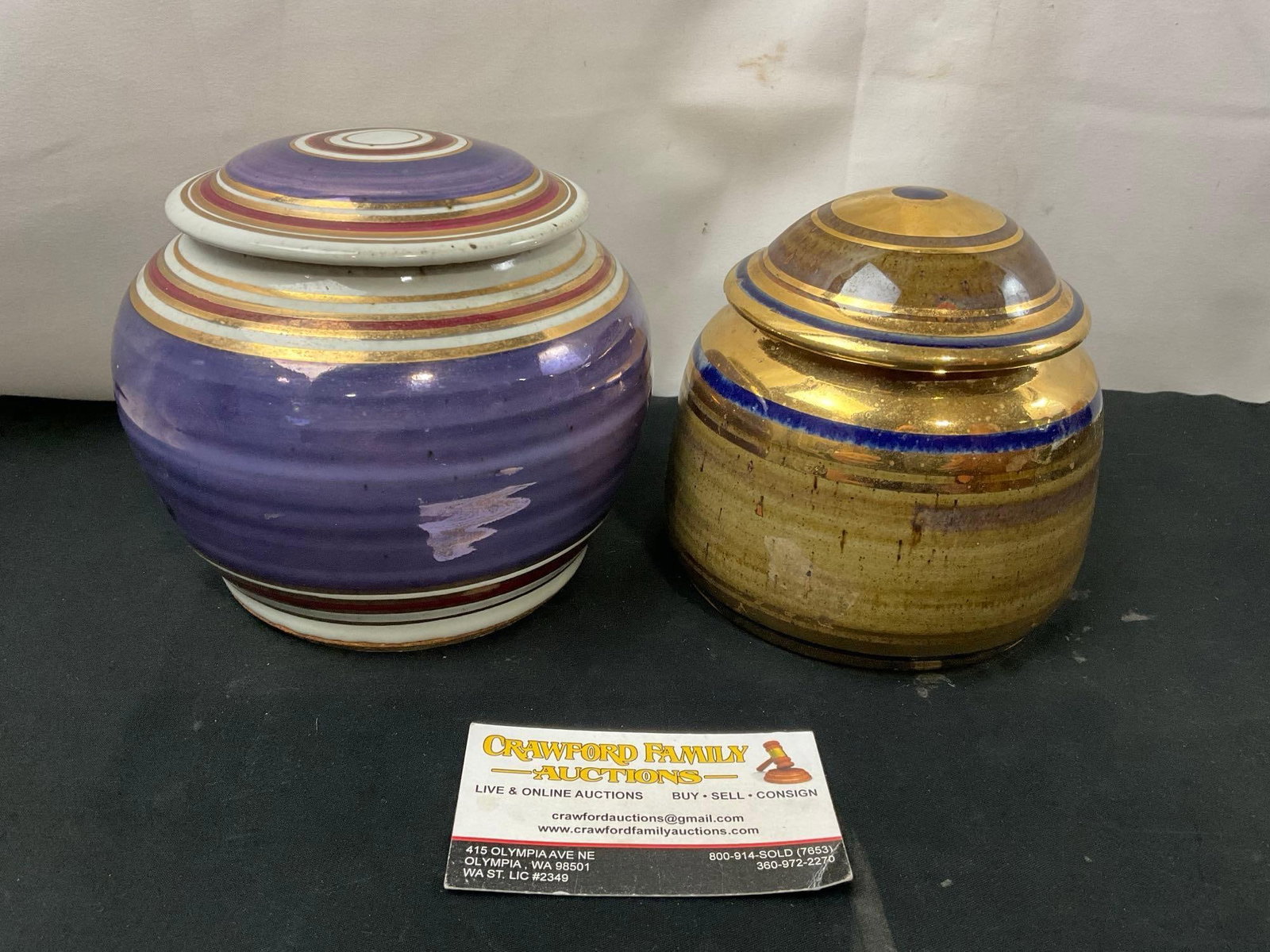 Pair of Studio Art Pottery Covered Jars Glazed Stoneware Gilt, by Tyrone Larson (American, b. 1938) (1 of 5)