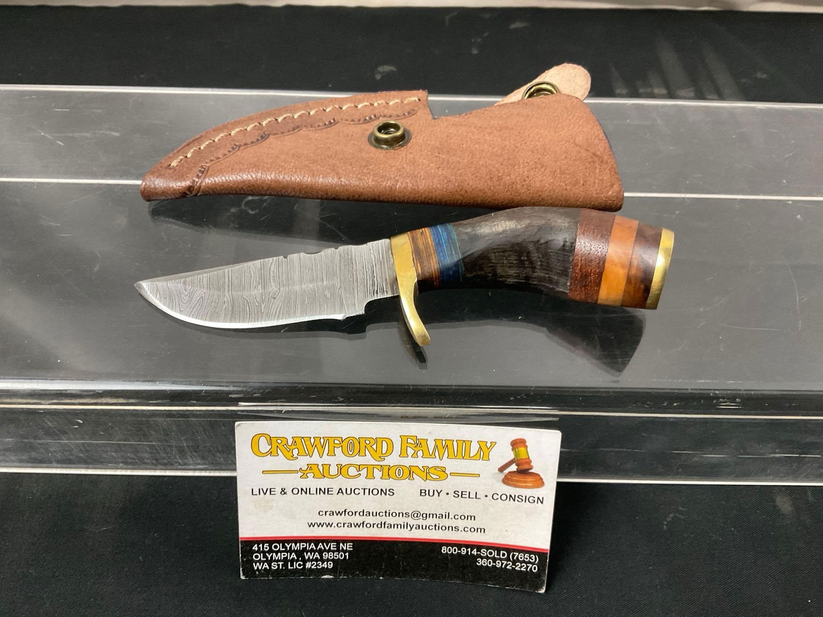 Handmade Damascus Knife w/ Leather Sheath 3 inches, antler, stacked wood & brass handle (1 of 5)