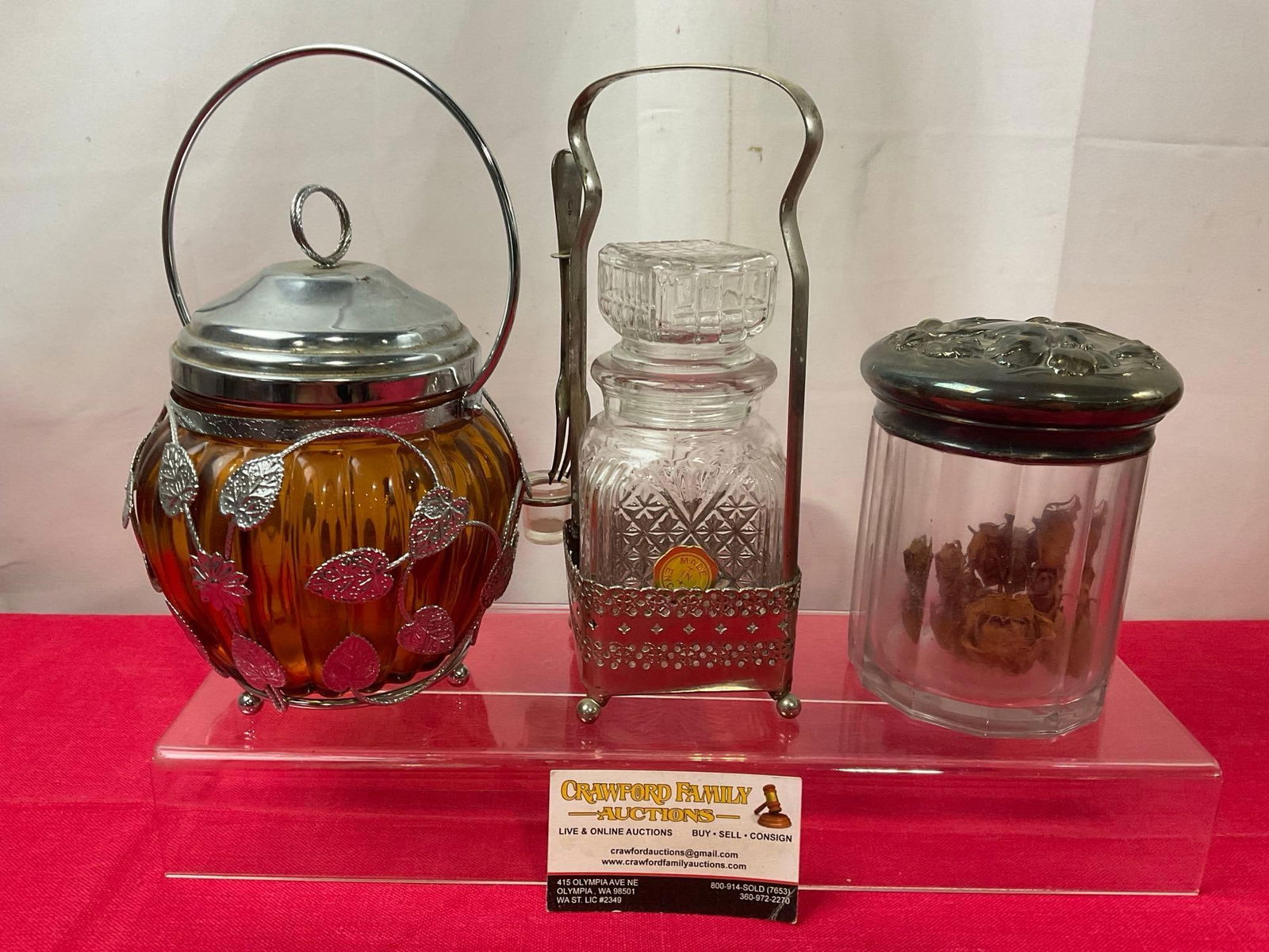 Vintage Amber Cookie Jar, Silver Plated Pickle Jar, and Lidded Container (1 of 6)
