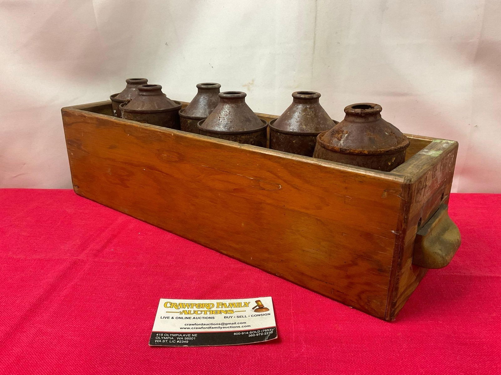 6 Vintage 1930s Mutual Brewing Co. Beer Rusty Cone Cans in Wooden Drawer (1 of 5)