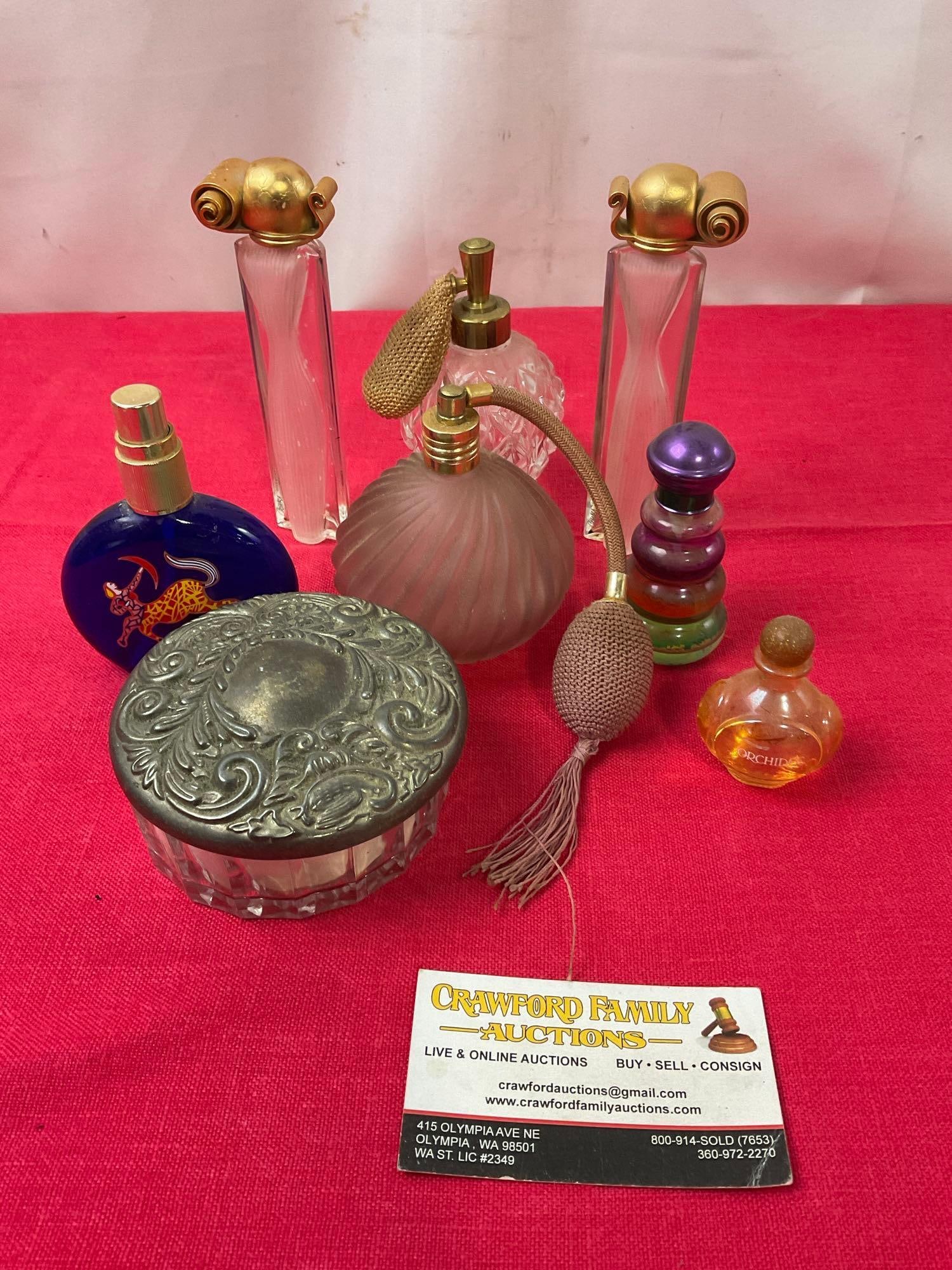 Perfume Bottles & Atomizers, Pair of Givenchy, Niki de Saint Phalle, Powder Jar w/ Hand Mirror: Appears to be in good shape. Nice variety, some are empty. See pics. E-3190