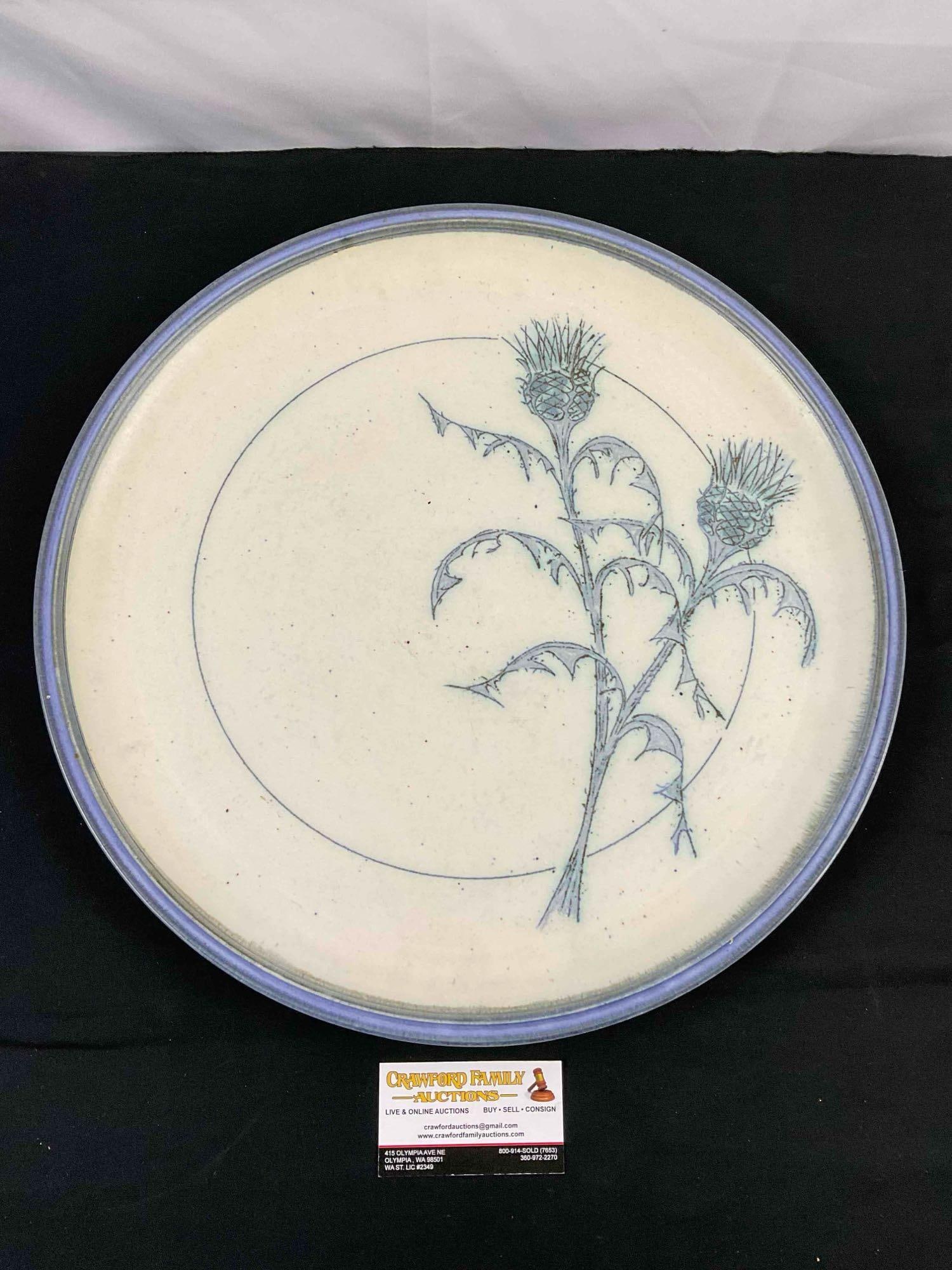 Large Periwinkle & Cream Decorative Porcelain Plate w/ Thistles. Excellent Condition. See pics.: Large Periwinkle & Cream Decorative Porcelain Plate w/ Thistles. Excellent Condition. Stamped JD on back. Beautiful piece. Measures 17.5" x 17.5" x 1" DM-3200