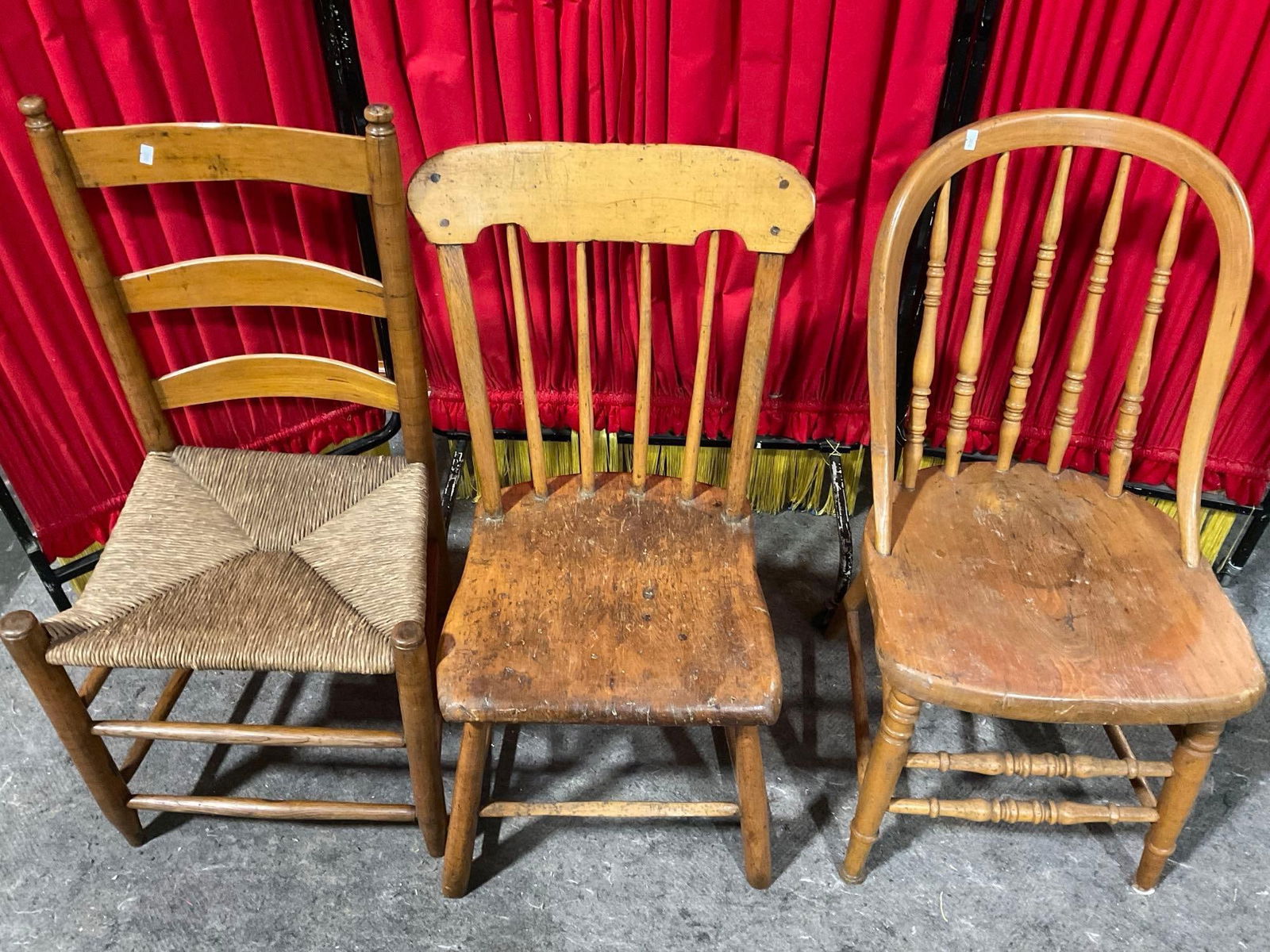 3 pcs Antique Hand Carved Oak? Maple? Wooden Chairs, 2x Dowel Back & 1x Ladderback. See pics. (1 of 9)