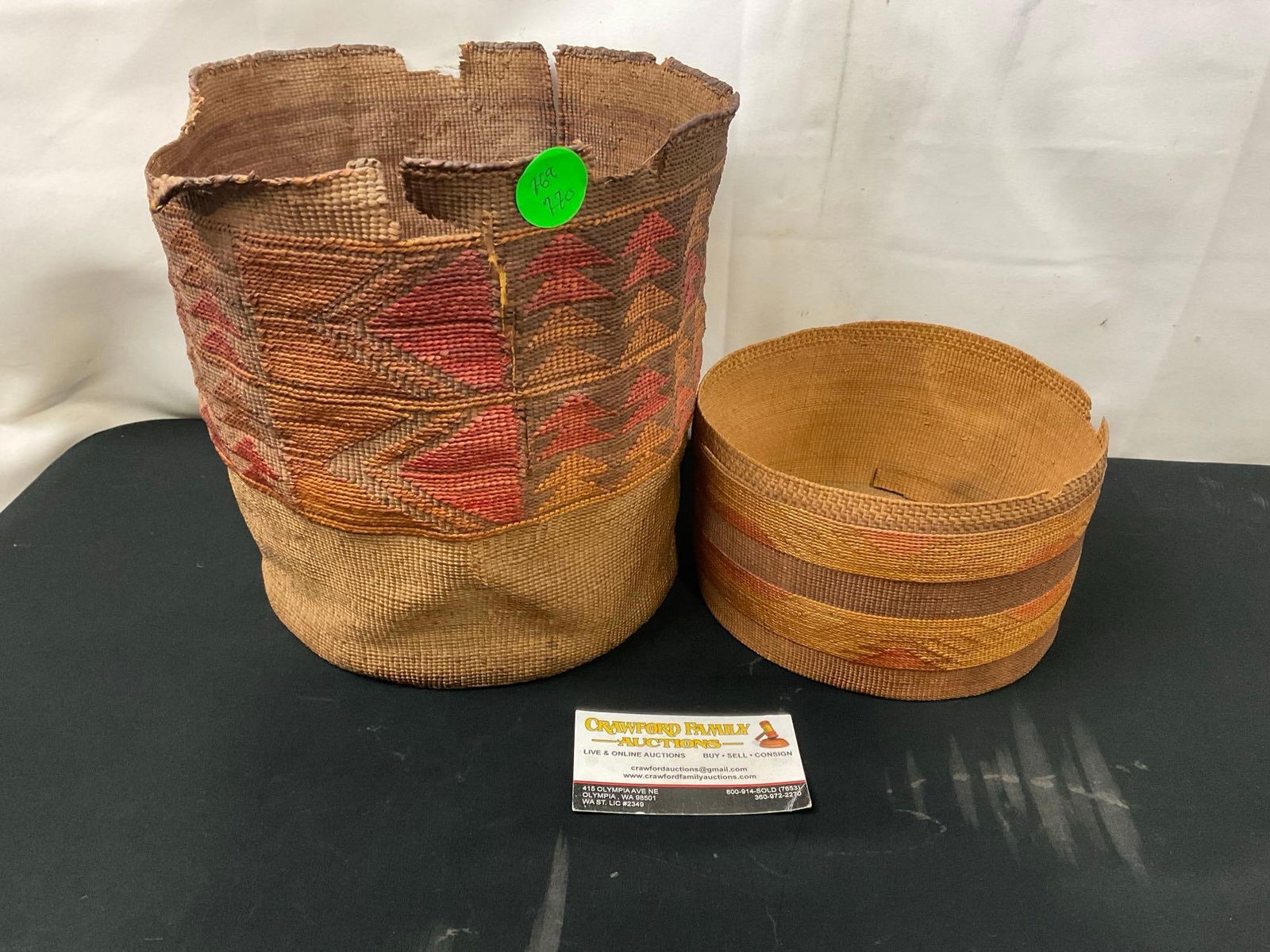 Pair of Tlingit Alaskan Native American Made Baskets w/ red & yellow, larger is 9 x 9 inches (1 of 4)