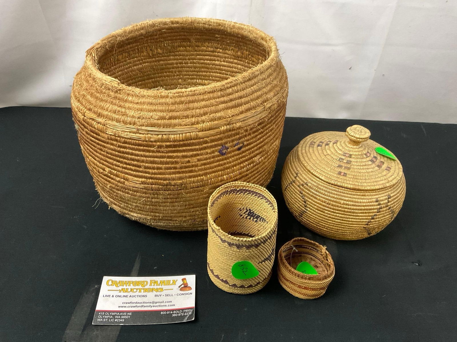 4 Native American Made Baskets & Clam Bag, larger is 7.5 x 9 inches, various sizes (1 of 5)