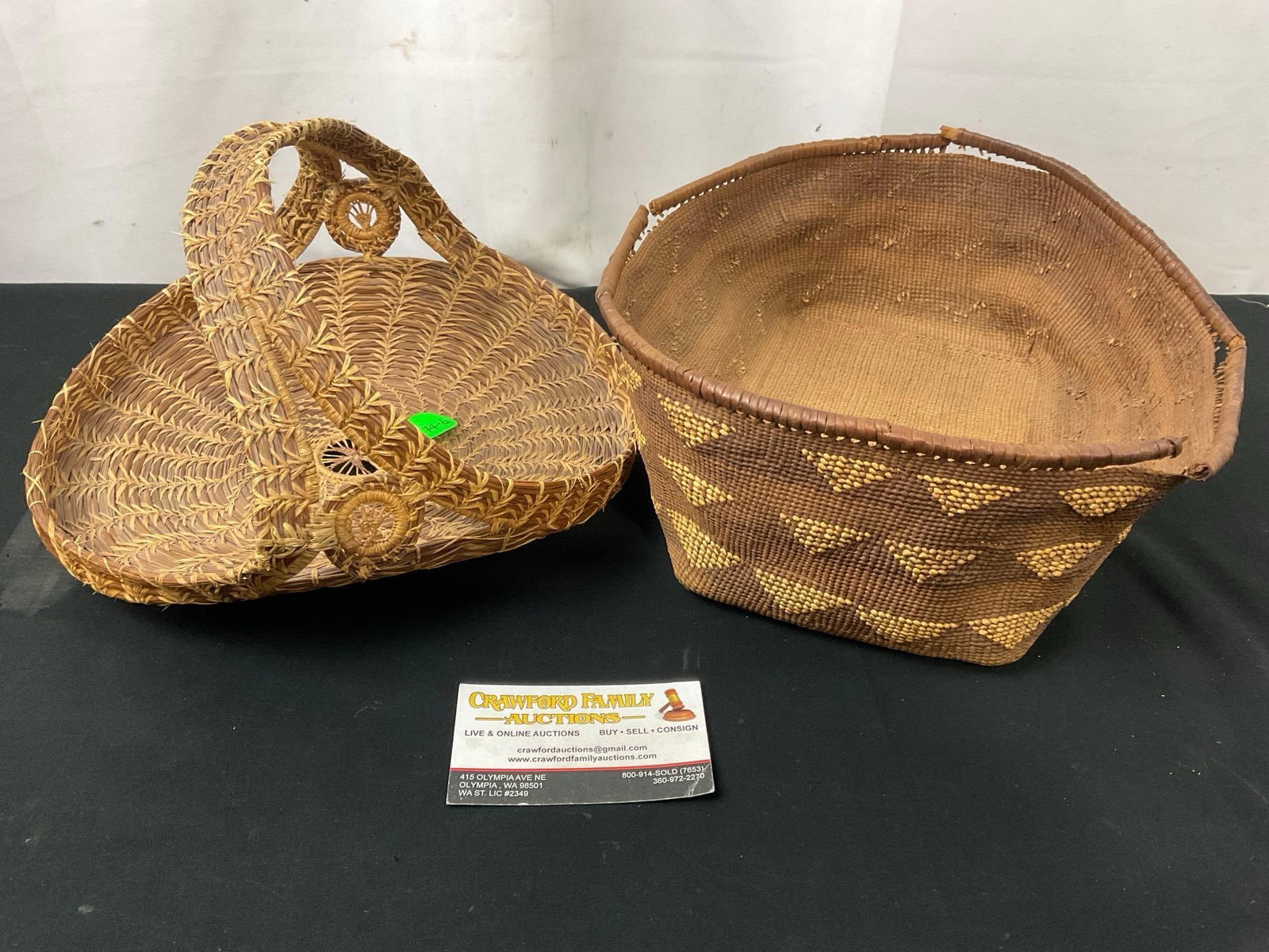 Pair of Baskets, Native American Made, Light & Dark Woven Reed & Fiber larger is 7 x 9 x 10 inches: Appears to be in fair & good shape, one is gorgeous, the other needs some TLC. The flower basket shaped piece measures approx 7h x 9w x 10d inches. See pics. E-2329 974-6 & unmarked